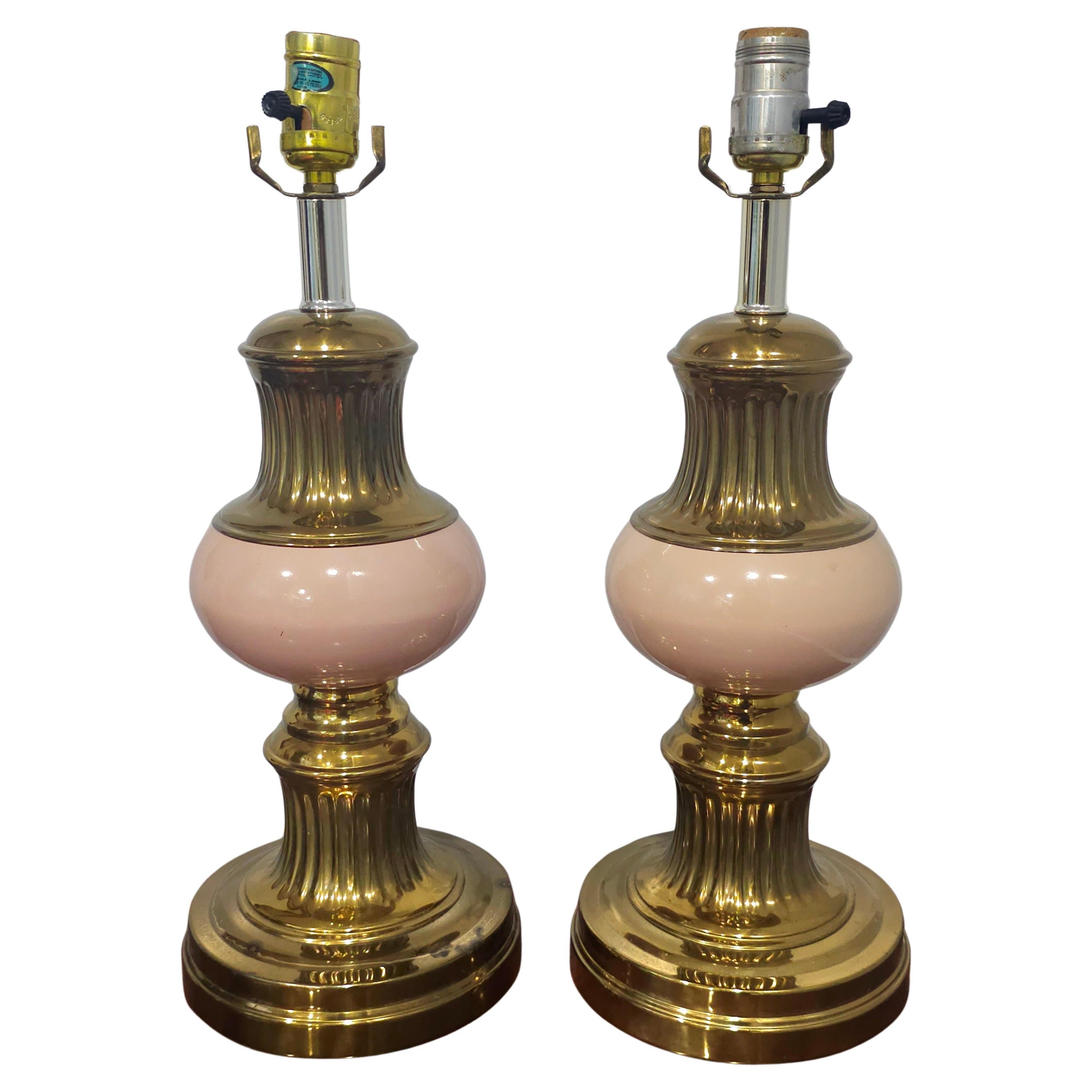 Pair of Alsy Brass and Rose Painted Table Lamps