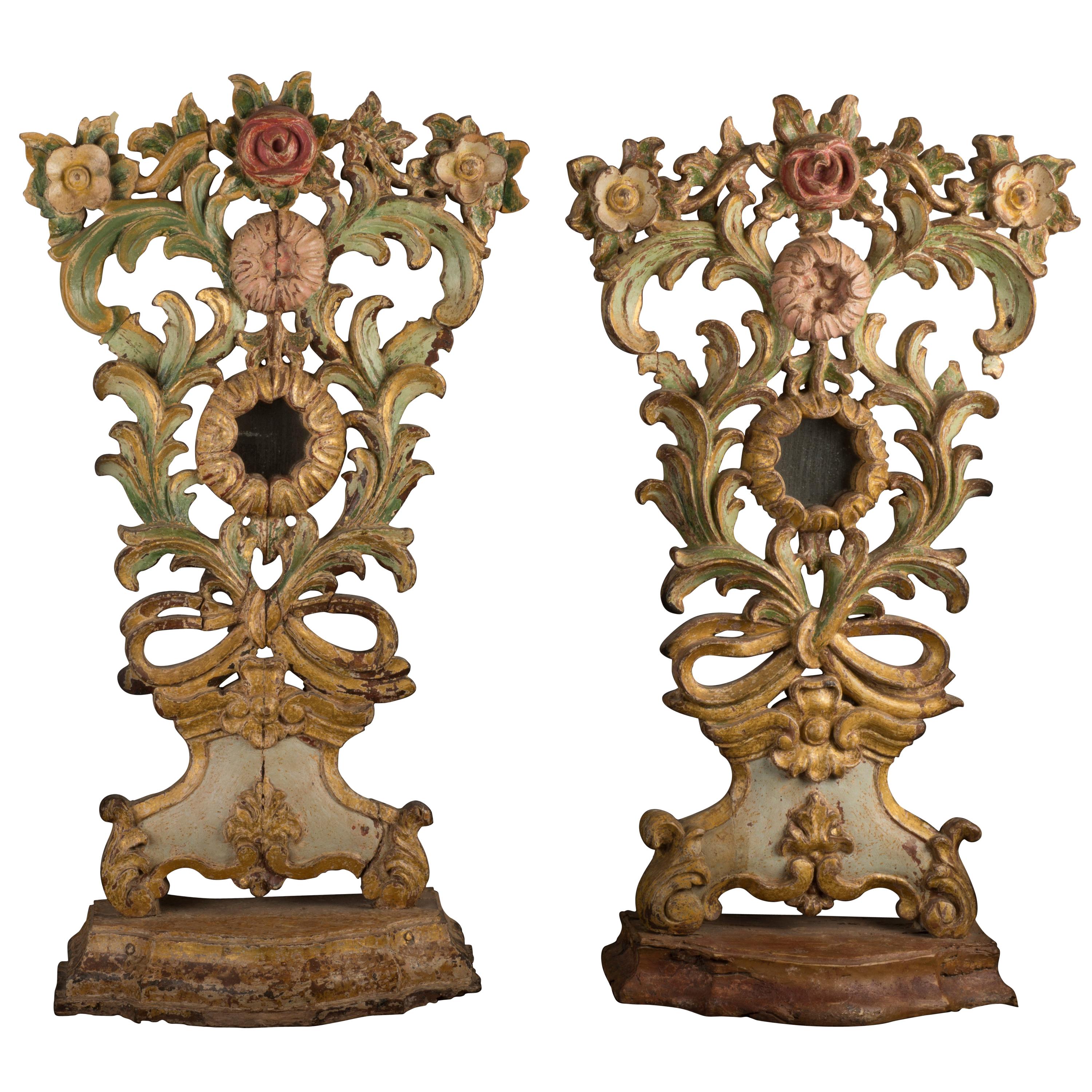 Pair of Altar Pieces in Polychromed Wood Brazil For Sale