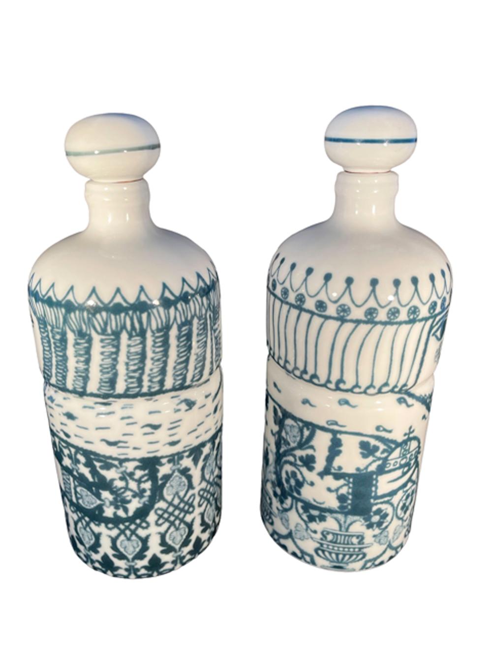 Pair of blue and white underglaze porcelain decanters marked 