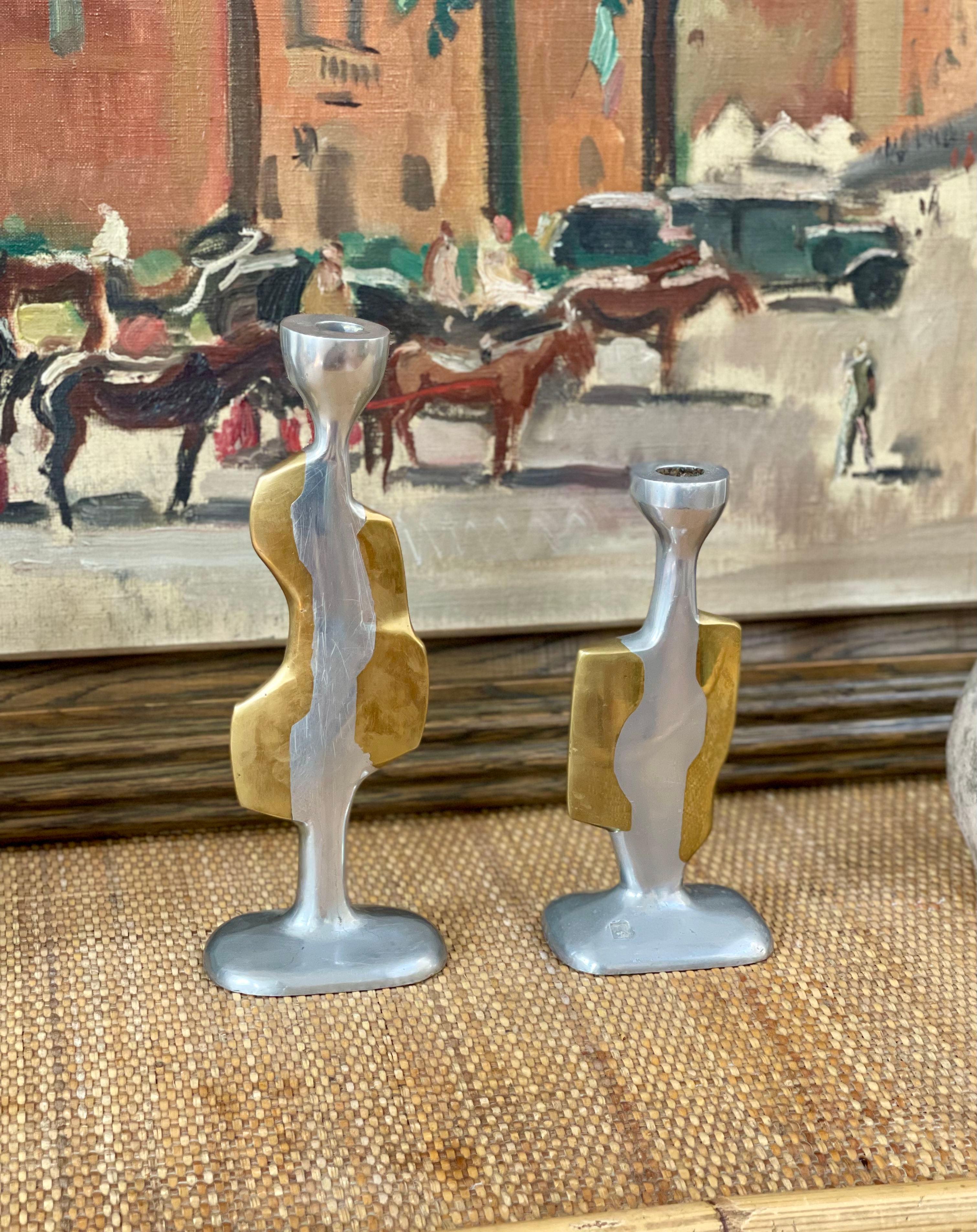 Spanish Pair of Aluminium and Brass Candle Stands by David Marshall 'circa 1980s'