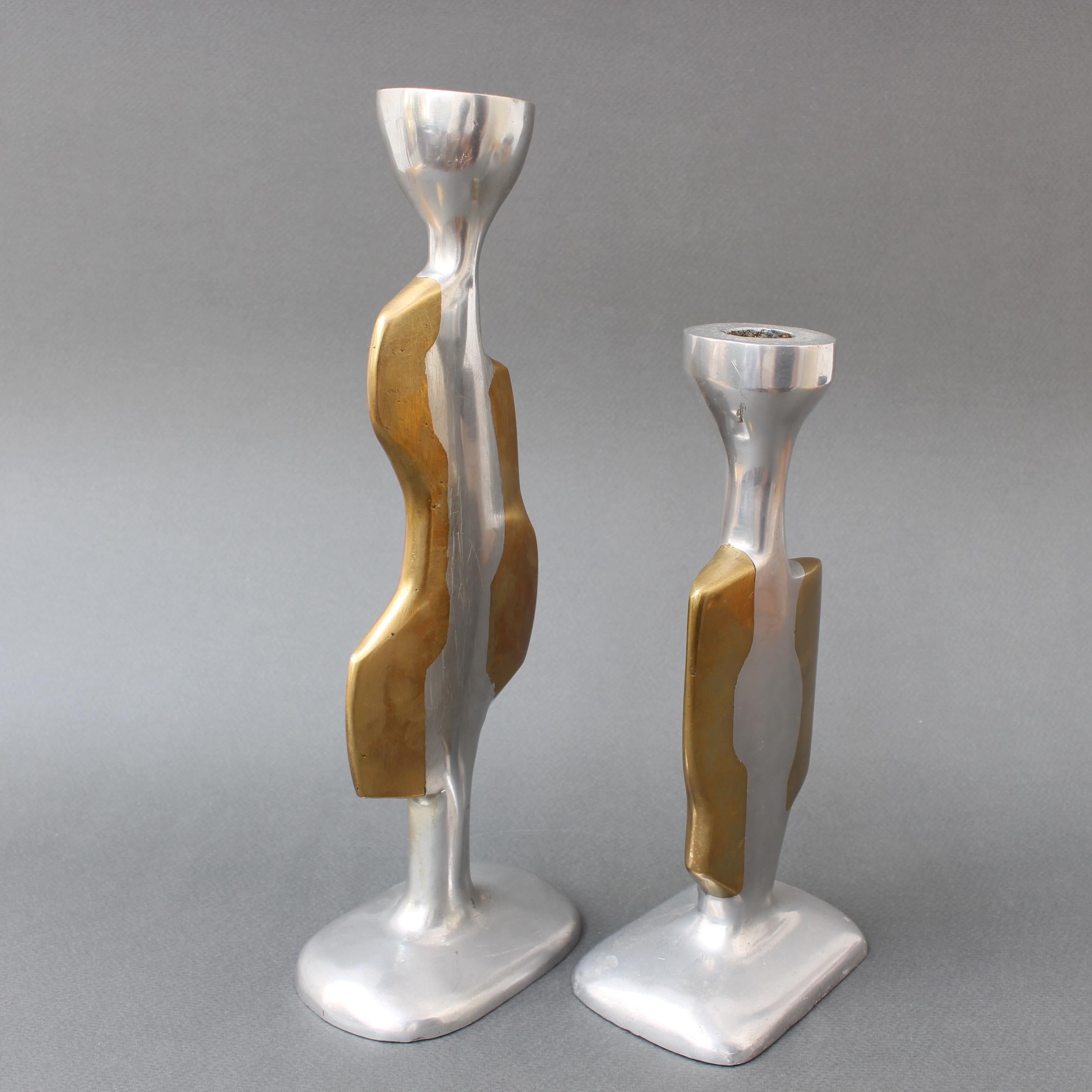 Aluminum Pair of Aluminium and Brass Candle Stands by David Marshall 'circa 1980s'