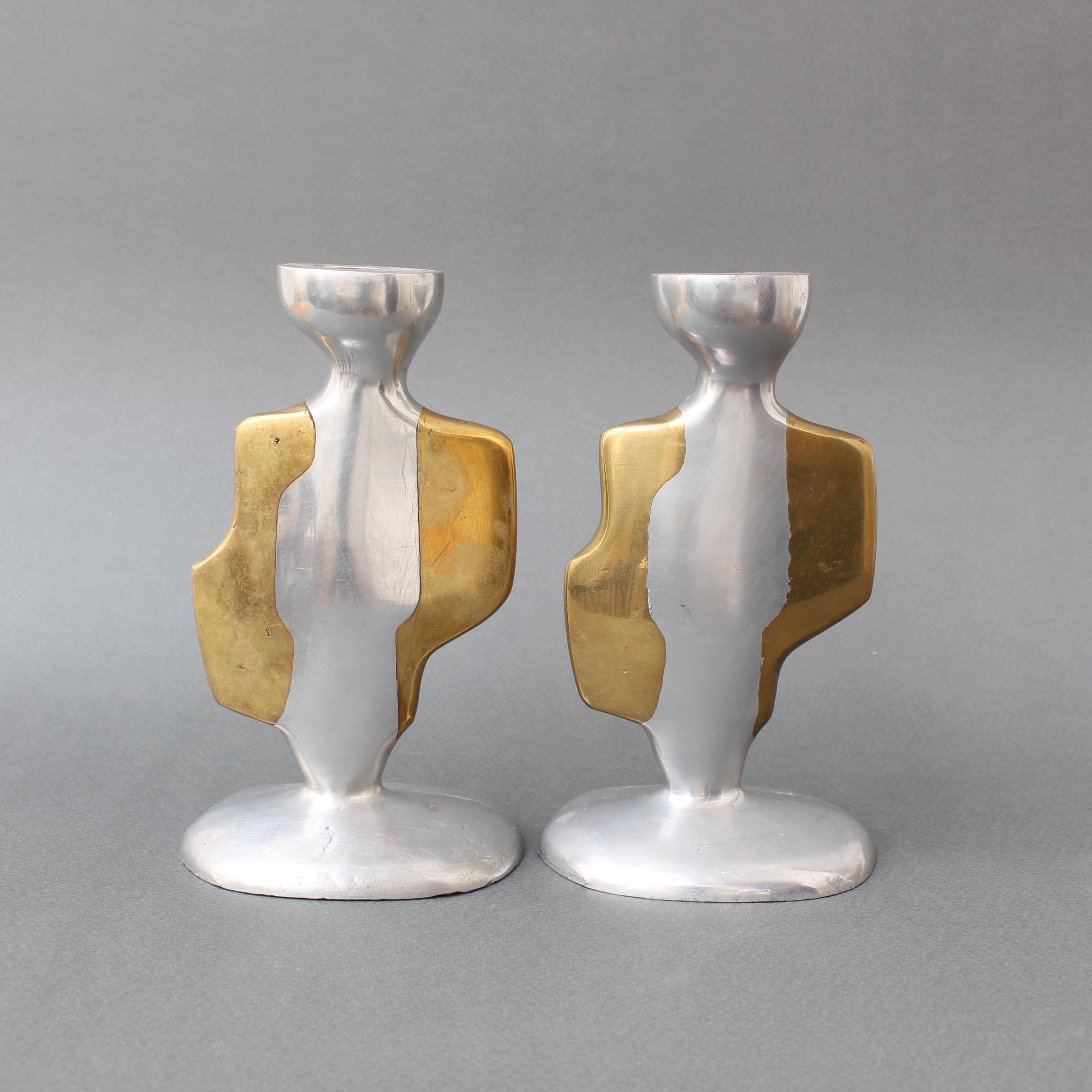 Spanish Pair of Aluminium and Brass Candle Stands by David Marshall 'circa 1980s'