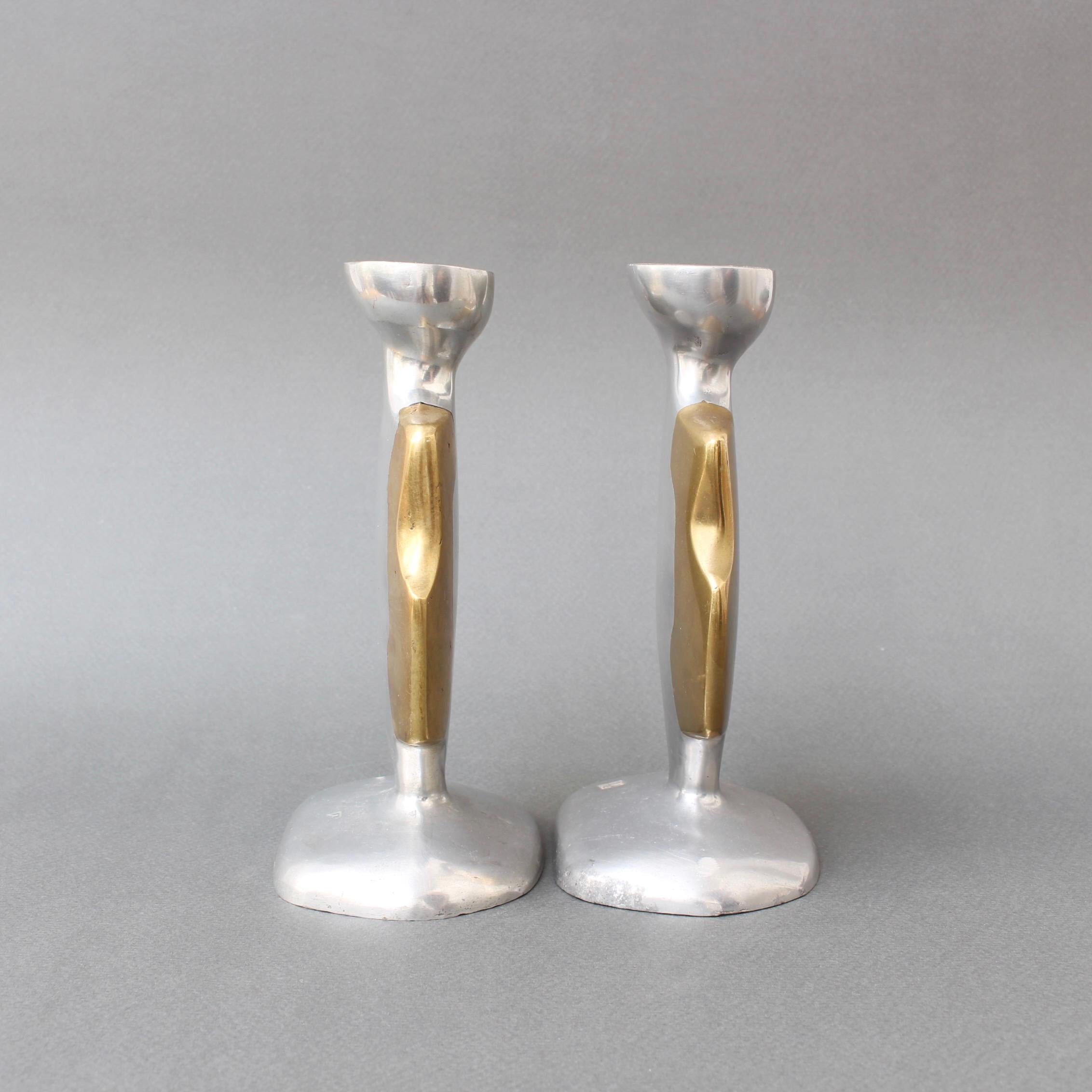 Late 20th Century Pair of Aluminium and Brass Candle Stands by David Marshall 'circa 1980s'