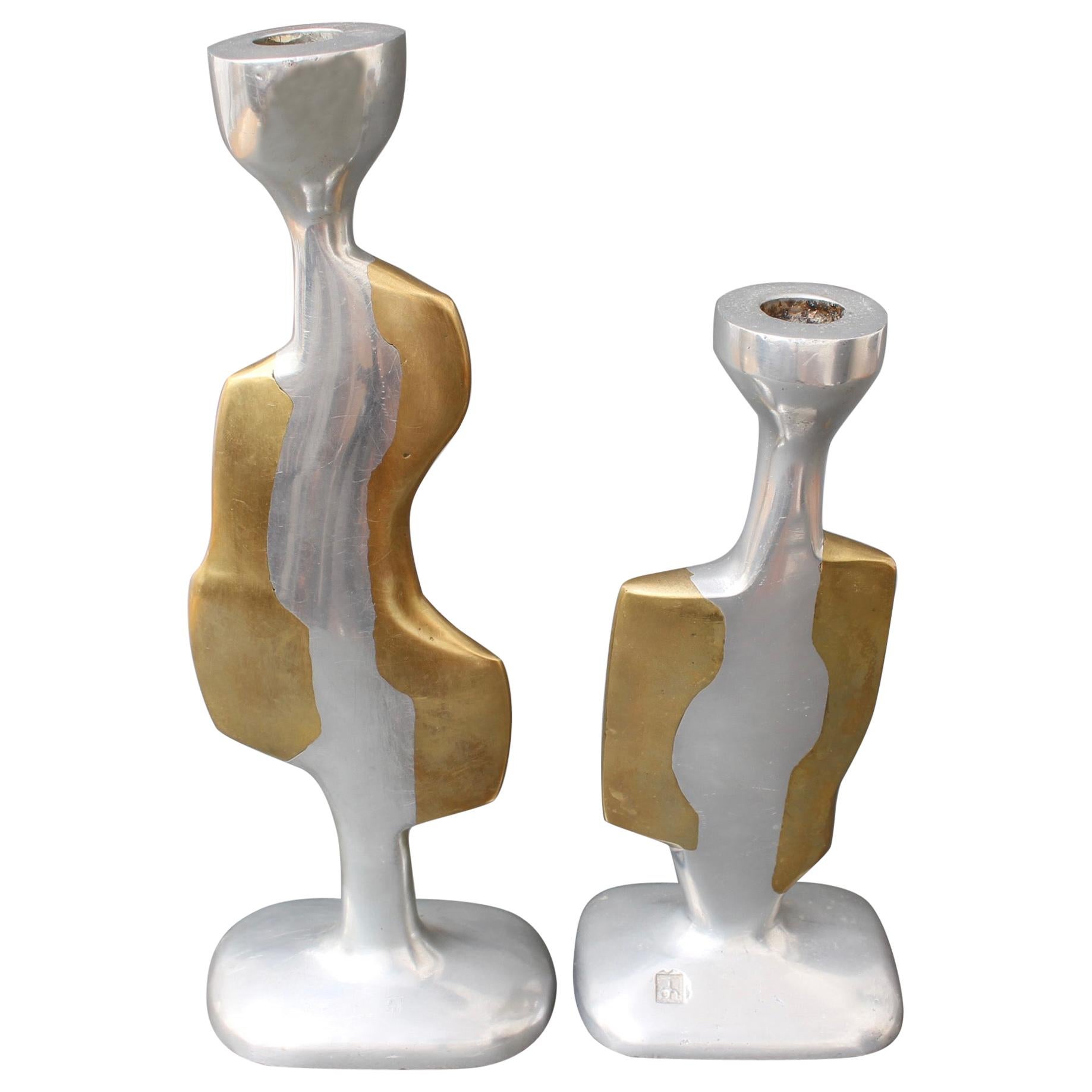 Pair of Aluminium and Brass Candle Stands by David Marshall 'circa 1980s'
