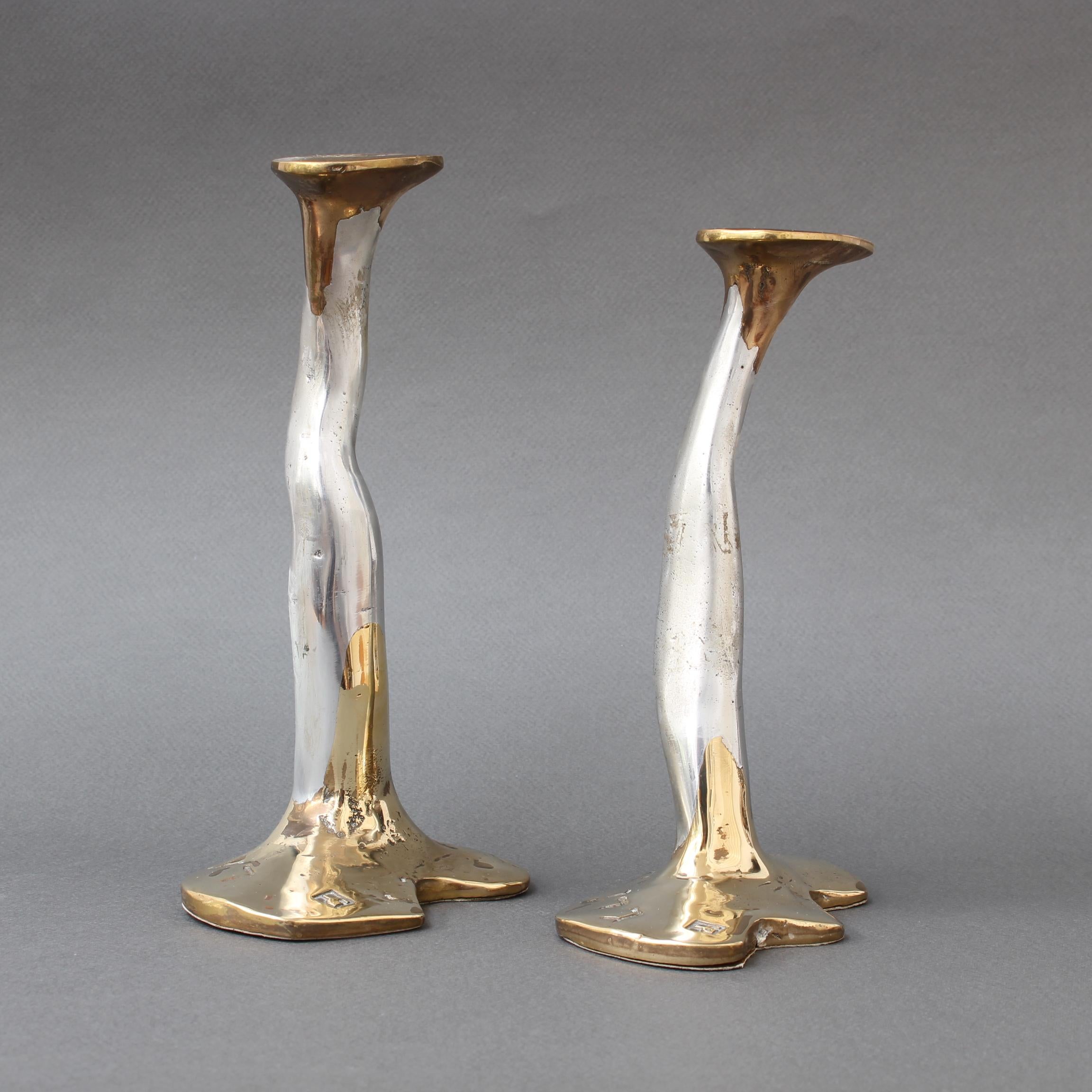 Brutalist Pair of Aluminium and Brass Candlesticks by David Marshall, 'circa 1970s'