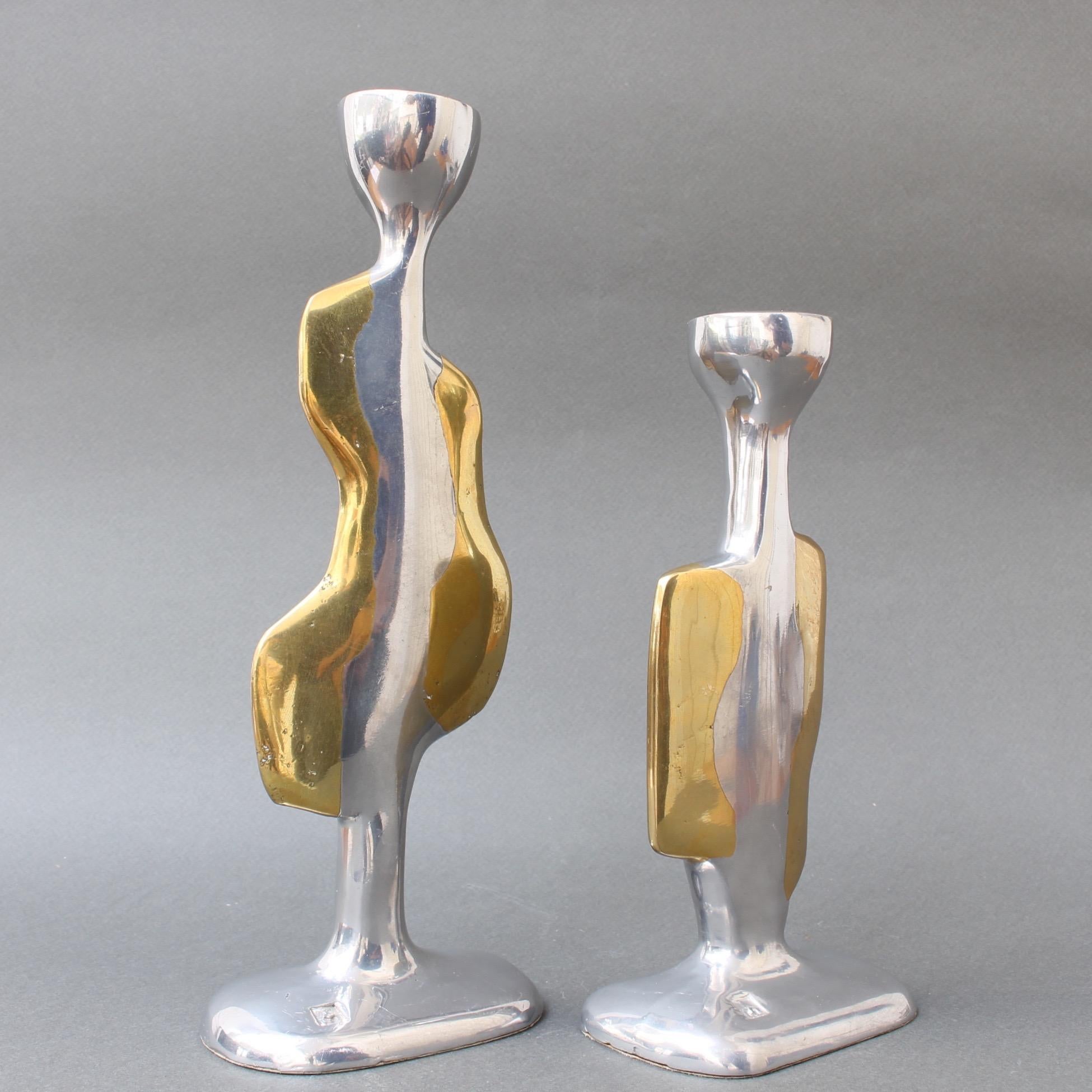 Mid-Century Modern Pair of Aluminium and Brass Candlesticks by David Marshall, circa 1970s