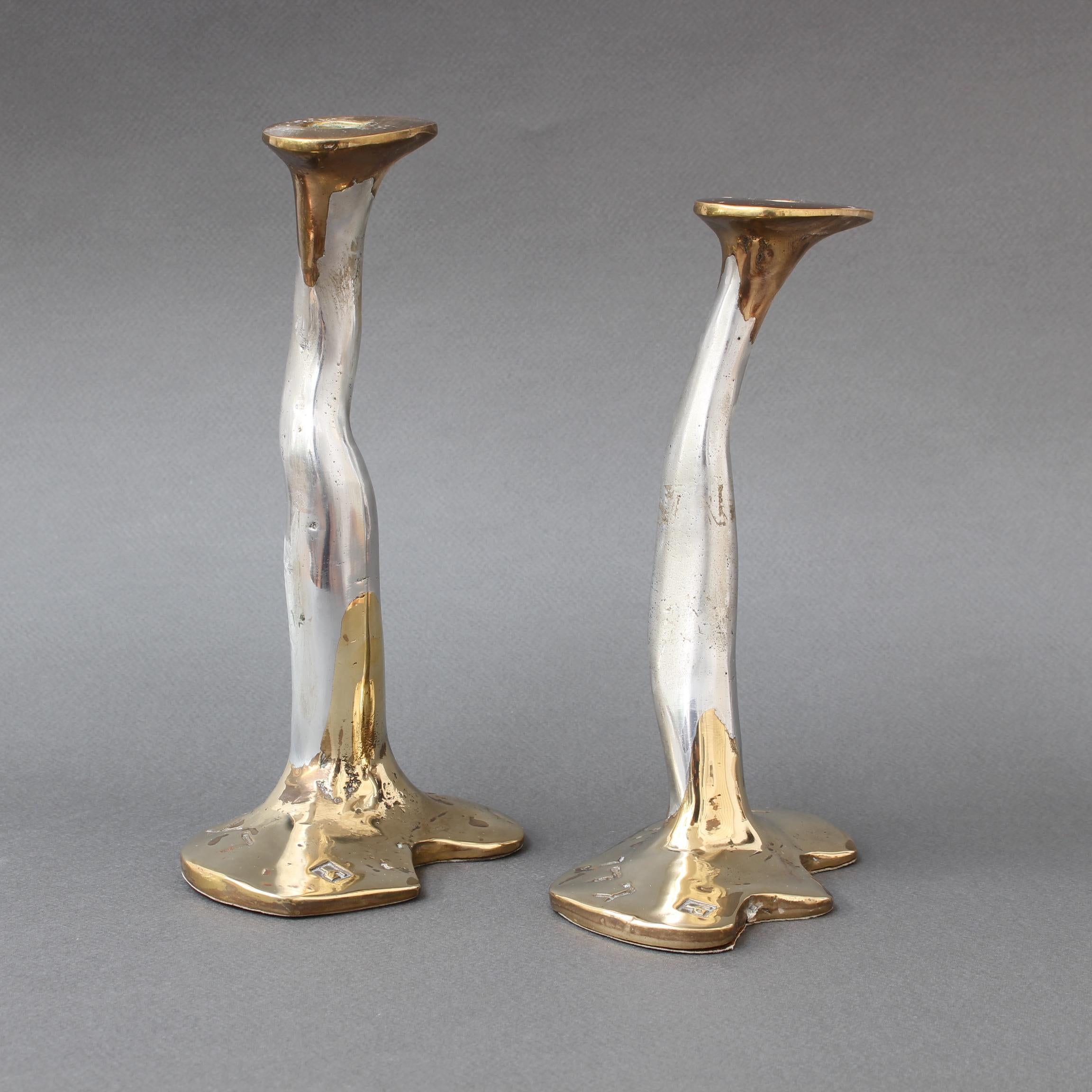 Spanish Pair of Aluminium and Brass Candlesticks by David Marshall, 'circa 1970s'