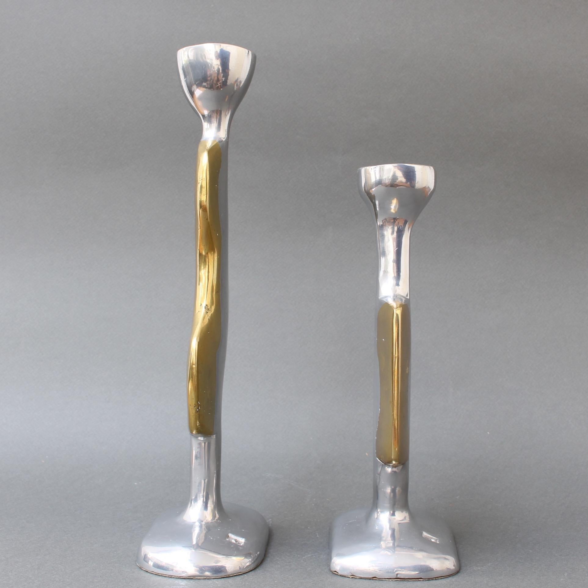Spanish Pair of Aluminium and Brass Candlesticks by David Marshall, circa 1970s