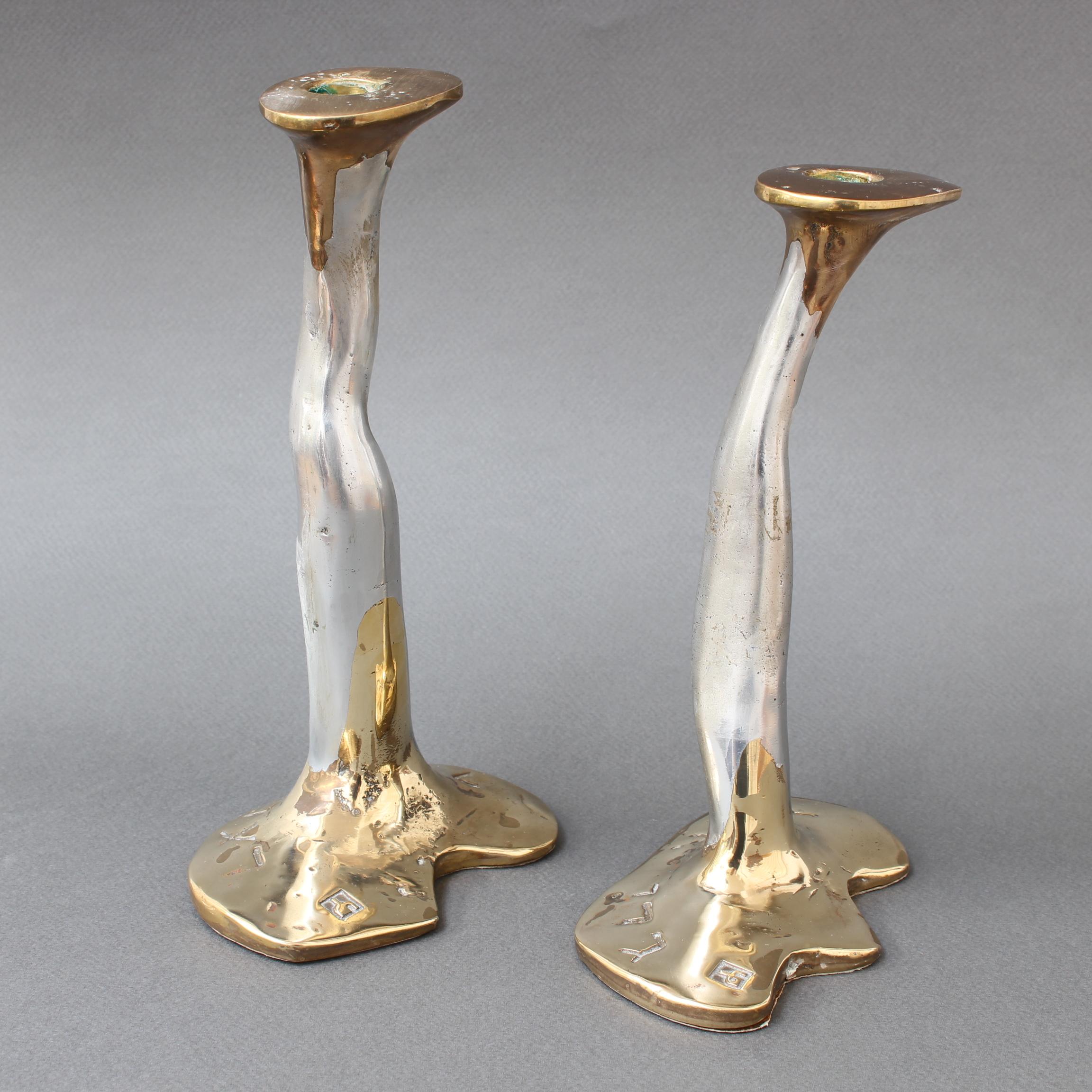 Late 20th Century Pair of Aluminium and Brass Candlesticks by David Marshall, 'circa 1970s'