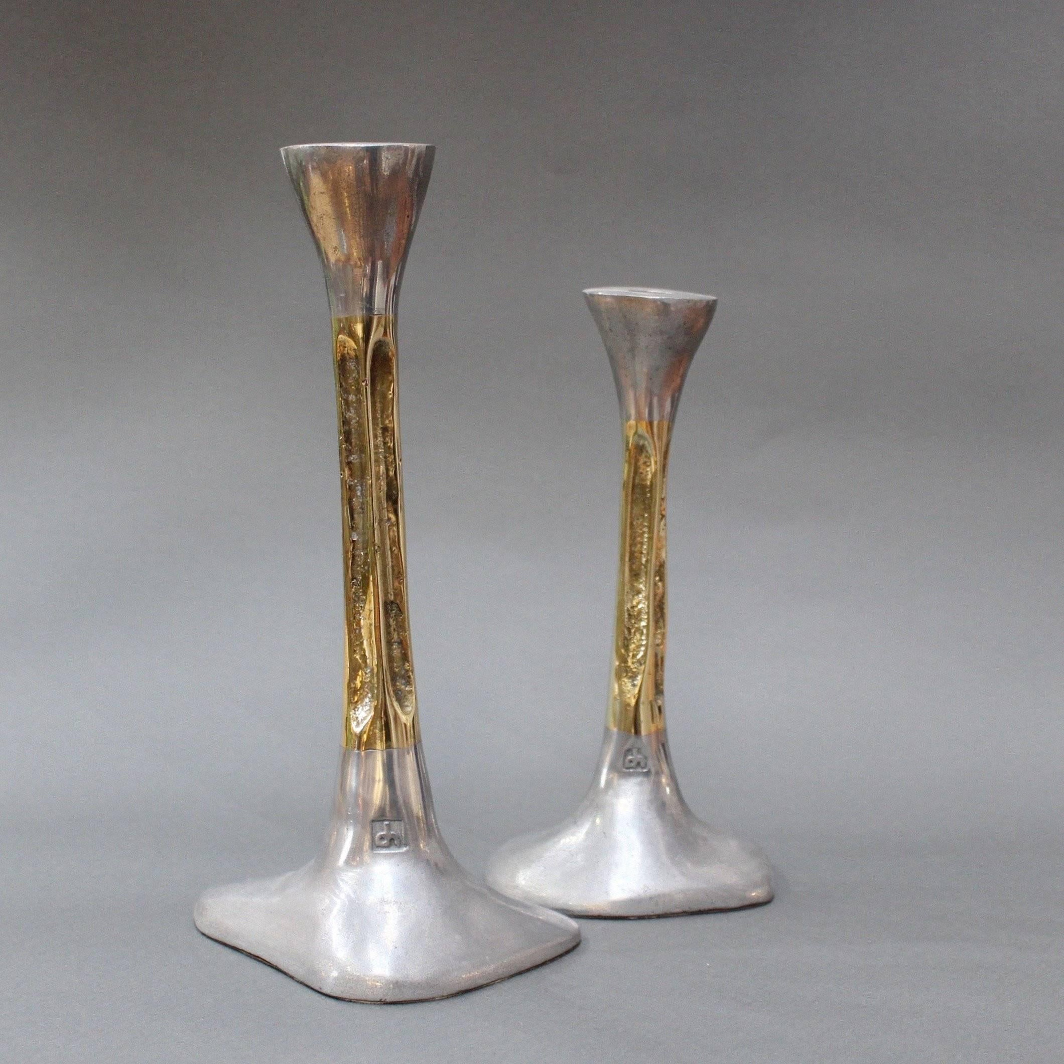 Spanish Pair of Brutalist Style Aluminium and Brass Candlesticks by David Marshall 1980s