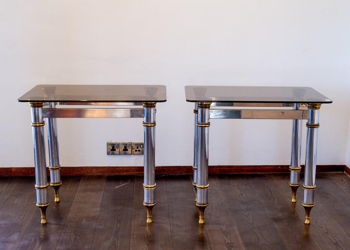 Mid-Century Modern Pair of Aluminium and Brass Console Tables, 1970s