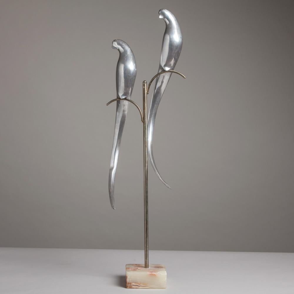 Pair of Aluminium Birds on a Stand Attributed to Curtis Jere In Excellent Condition For Sale In London, GB