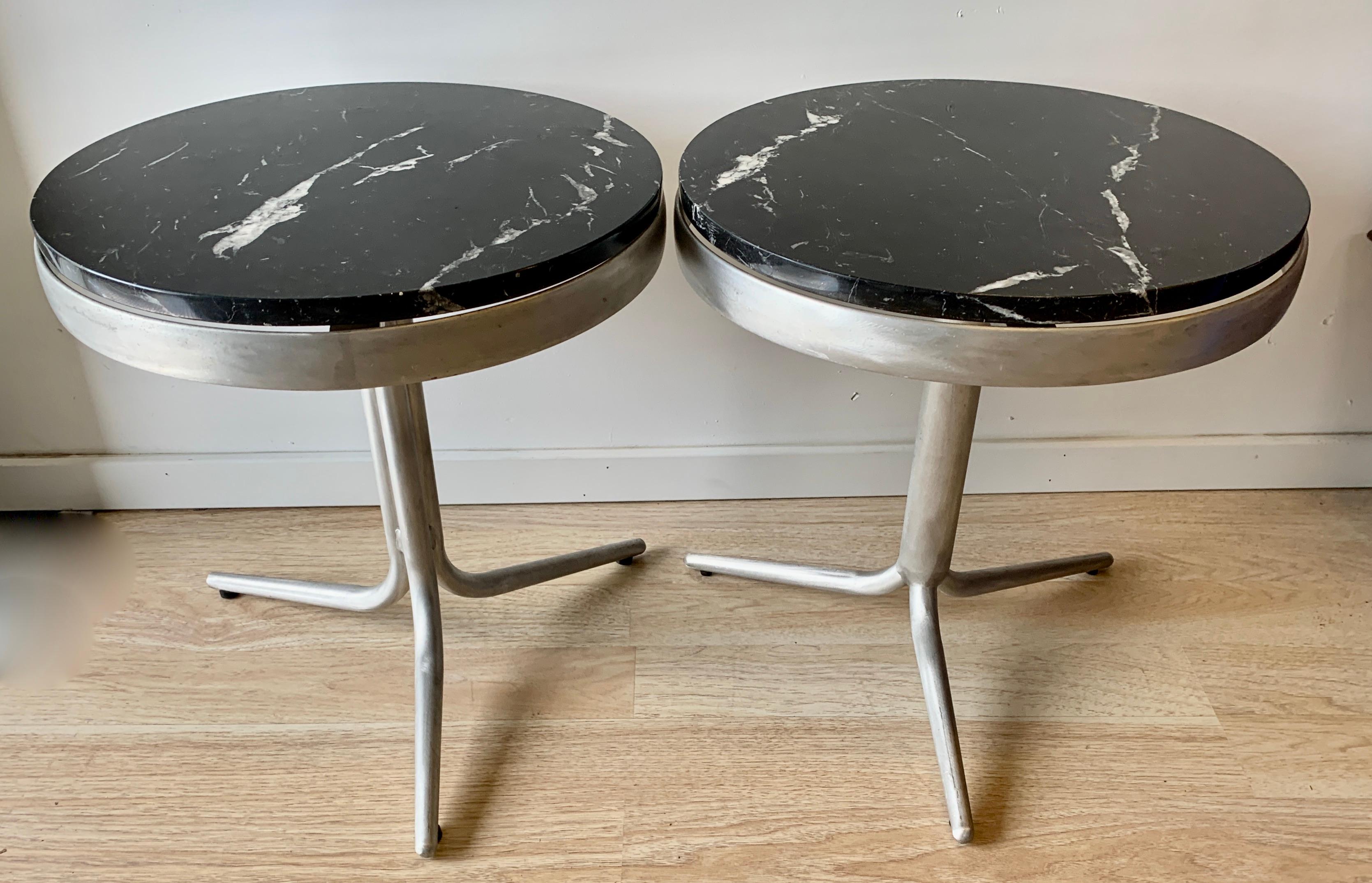 Aluminum Pair of Italian Side Tables with Marble Tops For Sale