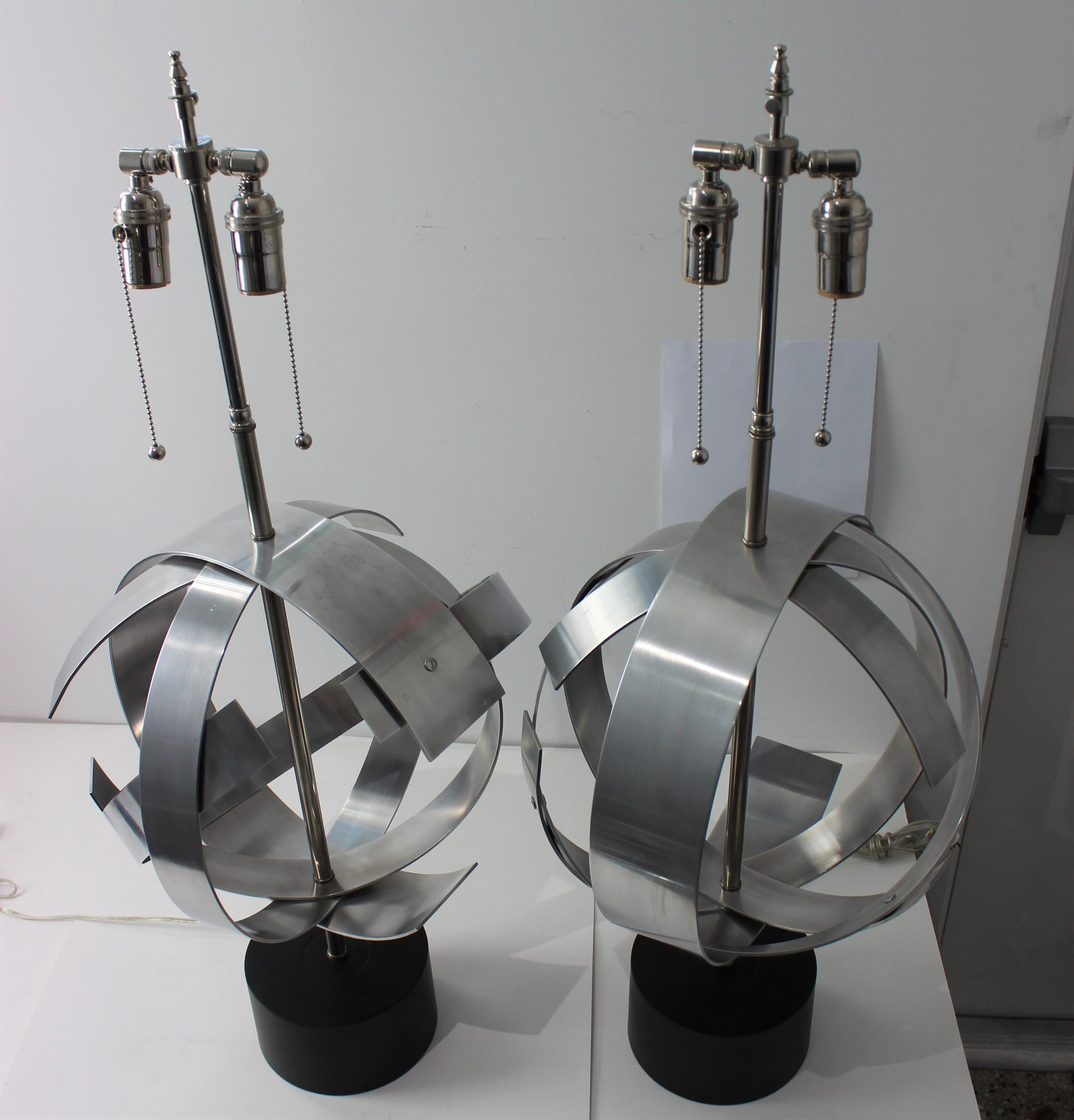 Stainless Steel Pair of Armillary Form Lamps For Sale