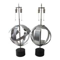 Pair of Aluminum Armillary Form Lamps