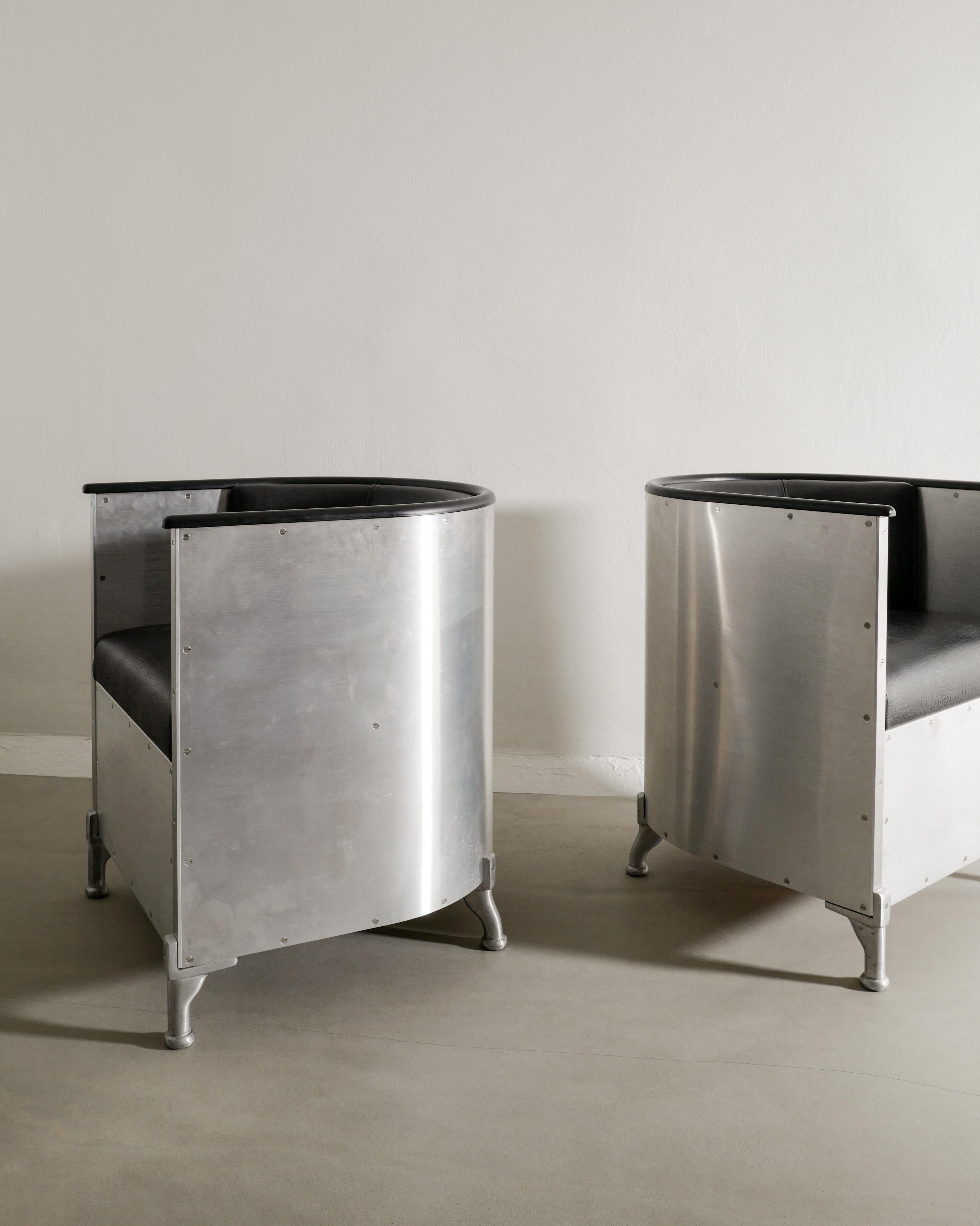 Swedish Pair of Aluminum & Croco Leather Armchairs by Mats Theselius by Källemo, 1990s For Sale