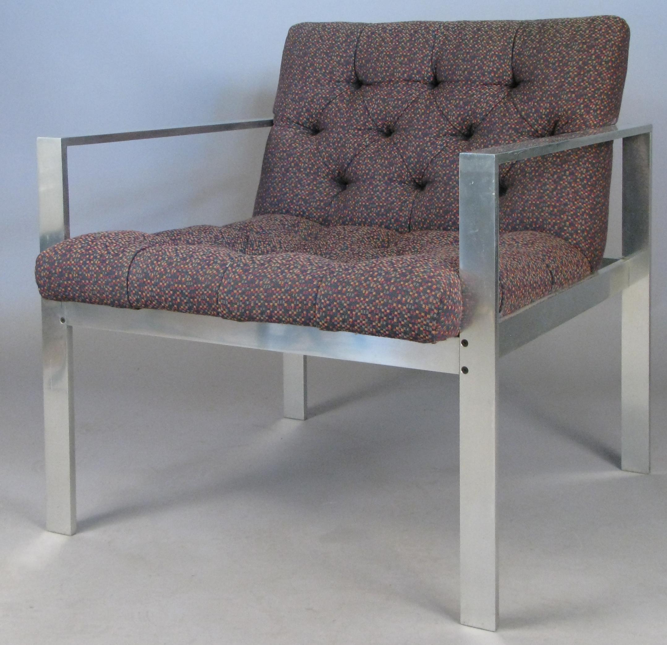 A pair of Classic modern aluminum frame lounge chairs, with diamond tufted upholstery, designed by Harvey Probber, circa 1960. Original upholstery.