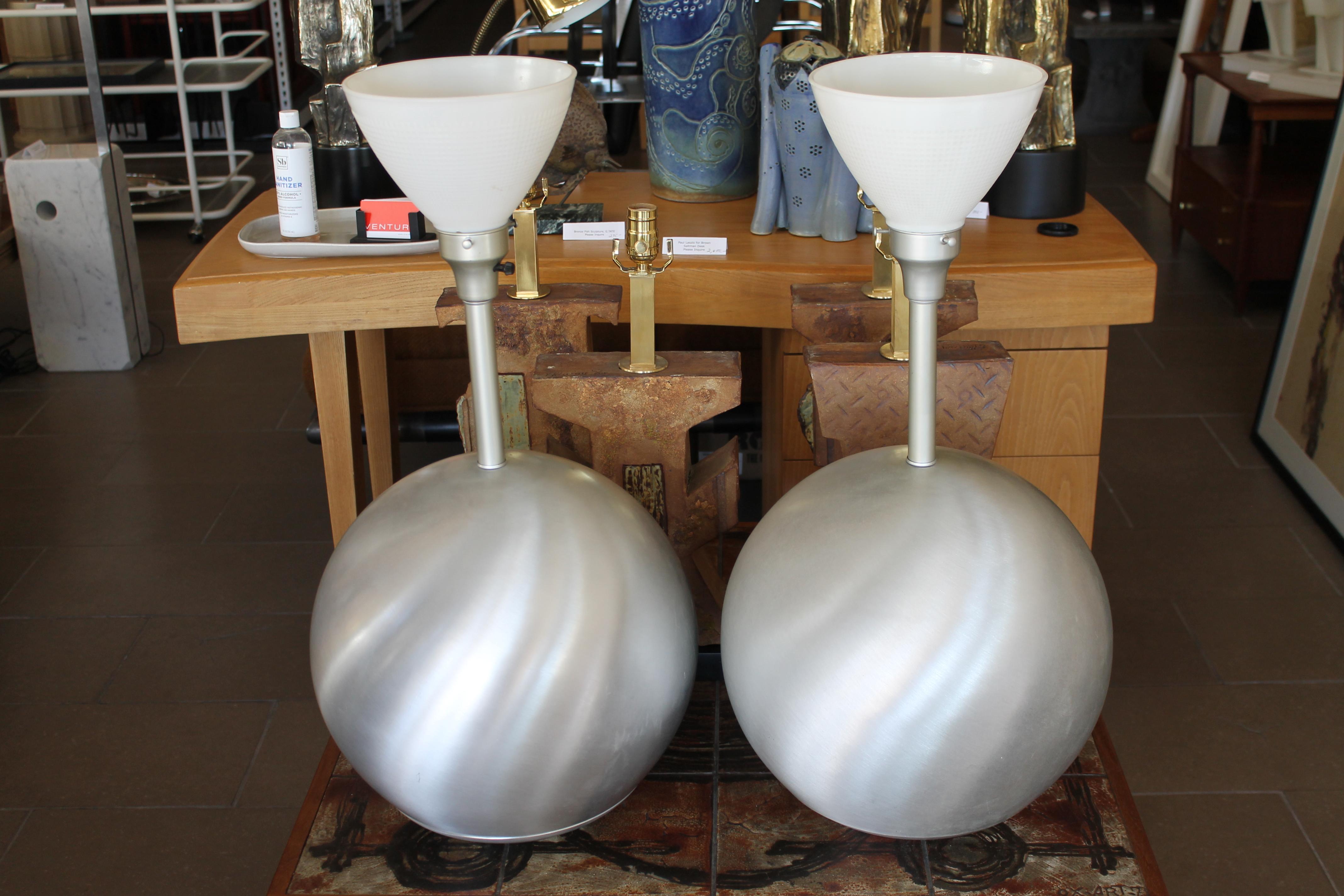 Pair of Raymor (Irving Richards) aluminum sphere lamps. We believe these were designed by Russel and Mary Wright and distributed/sold through Raymor. One of the lamps has a Raymor catchphrase label ‘Modern in the Tradition of Good Taste’. Lamps have