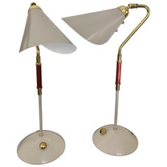 Pair of Aluminum Table Lamps with Brass and Leather Details