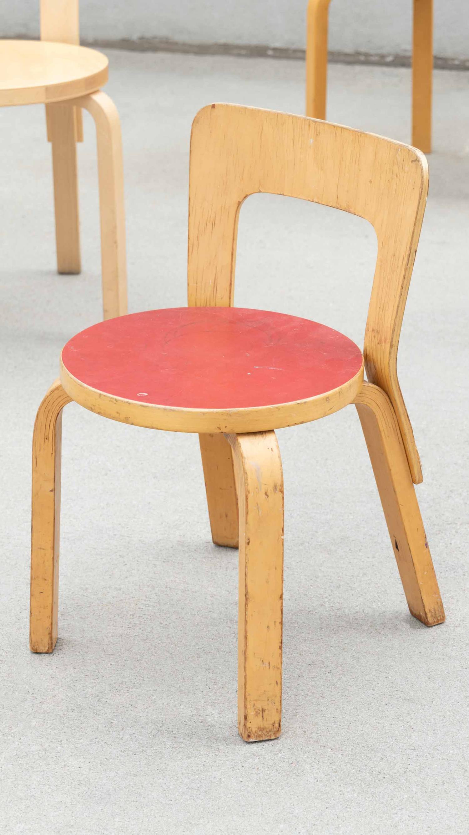 Finnish Pair of Alvar Aalto chair N65 by Artek with red linoleum seats c.1950s