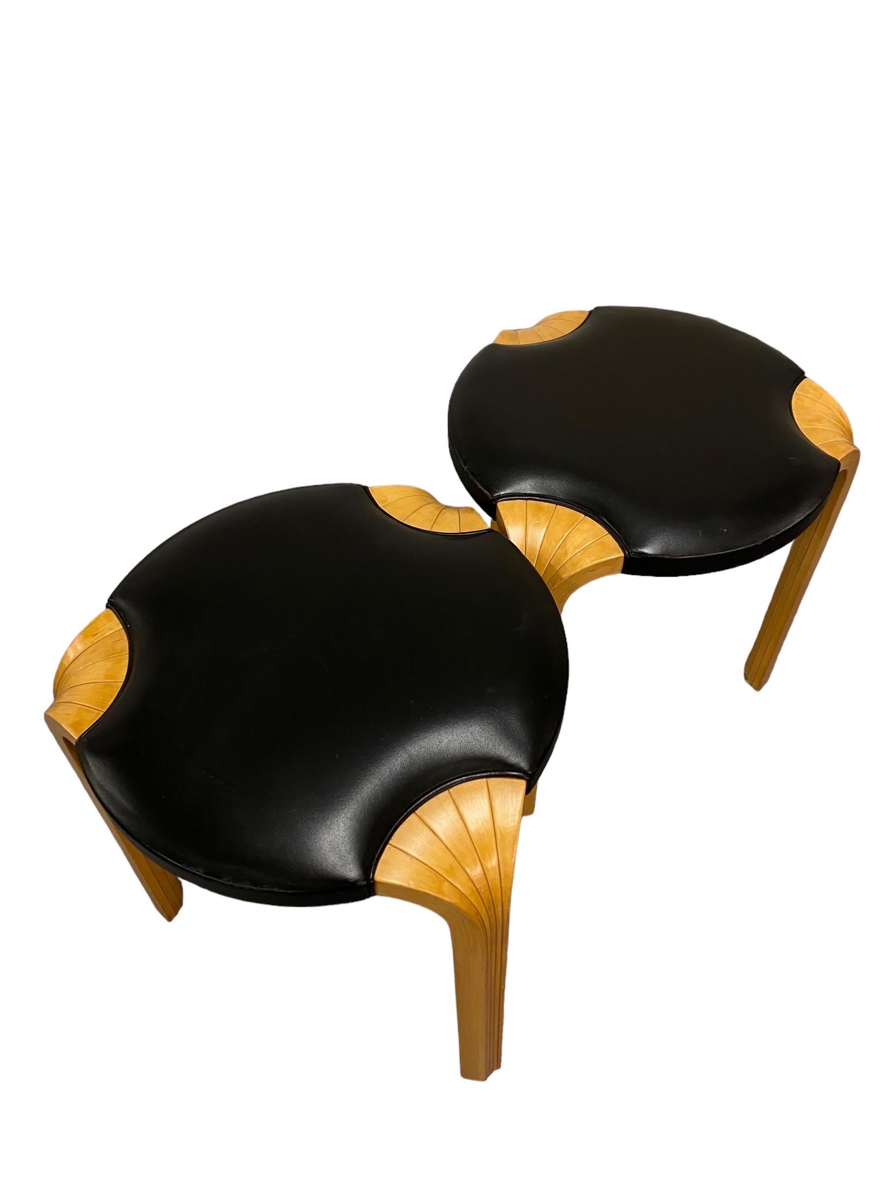 Mid-Century Modern Pair of Alvar Aalto Stool X600 in Birch and Original Black Leather, Artek, 1960s