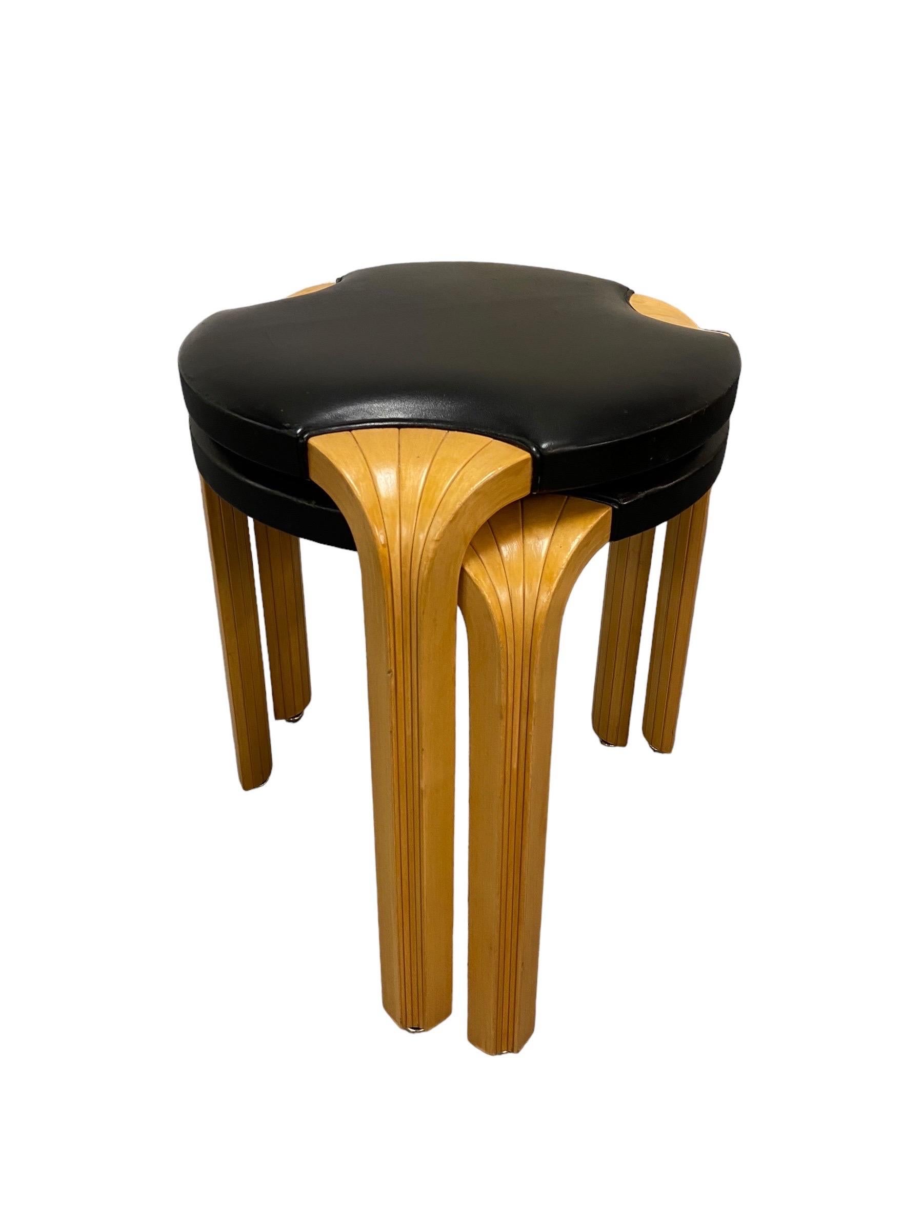 Finnish Pair of Alvar Aalto Stool X600 in Birch and Original Black Leather, Artek, 1960s