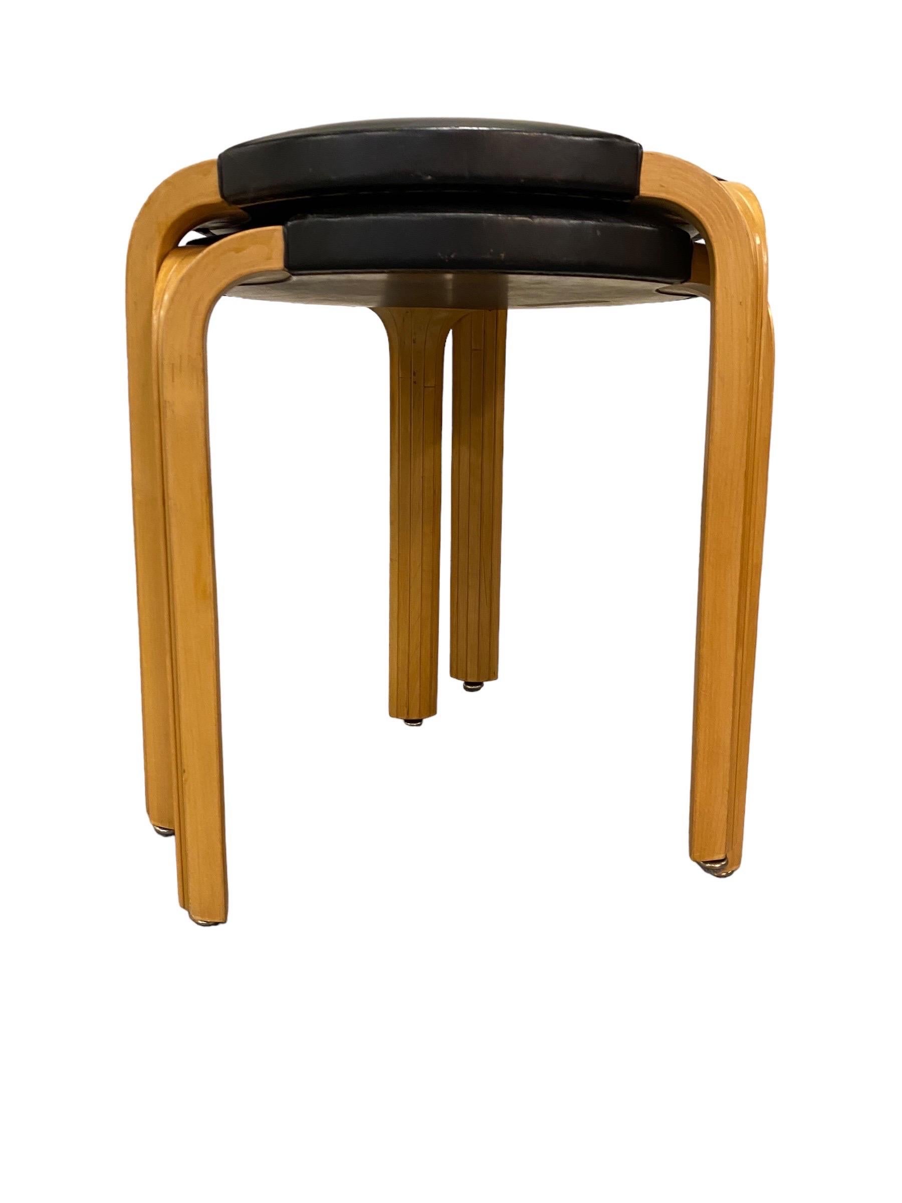 Mid-20th Century Pair of Alvar Aalto Stool X600 in Birch and Original Black Leather, Artek, 1960s