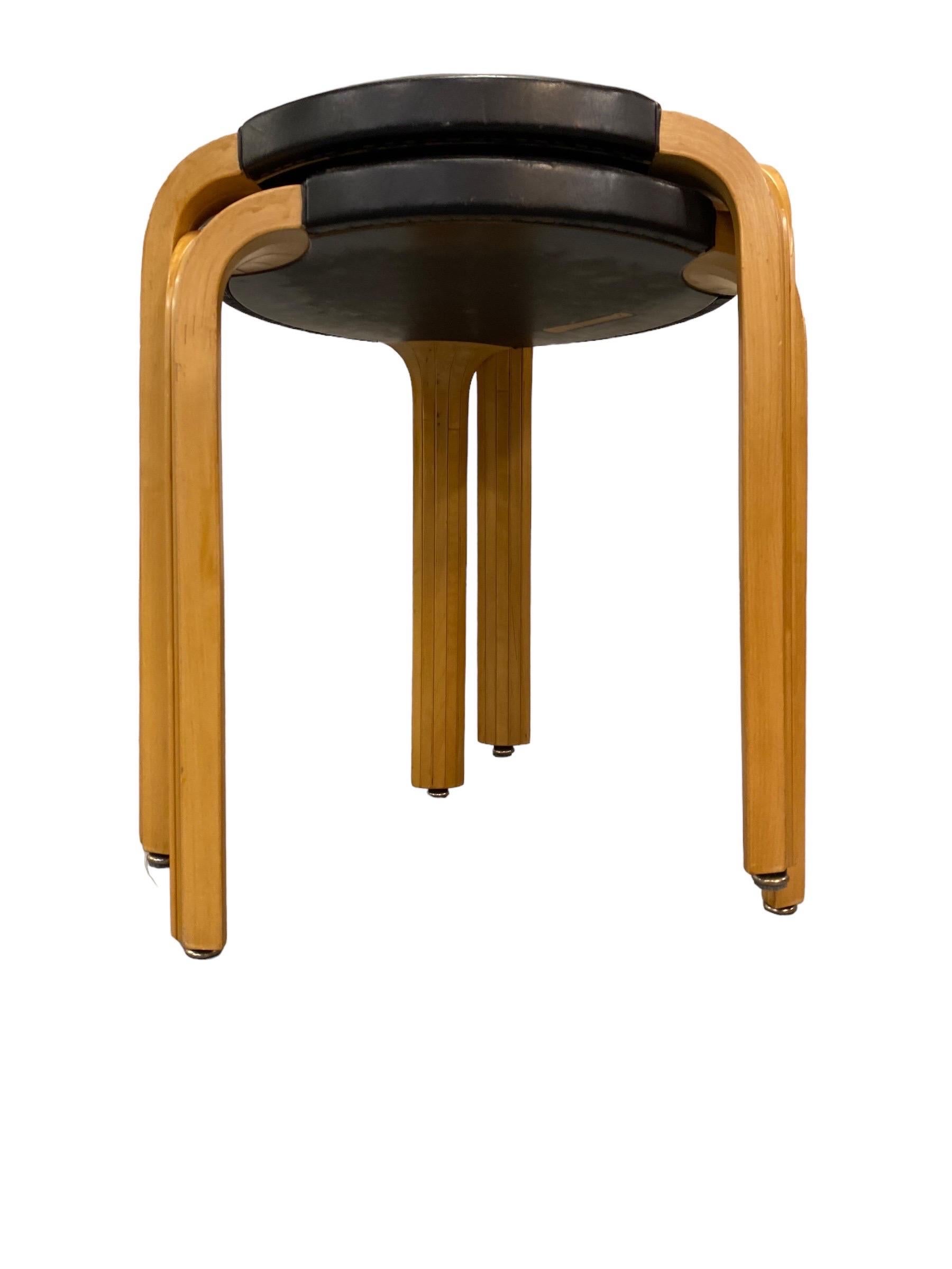 Pair of Alvar Aalto Stool X600 in Birch and Original Black Leather, Artek, 1960s 1