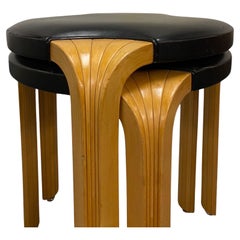 Pair of Alvar Aalto Stool X600 in Birch and Original Black Leather, Artek, 1960s