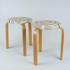 Pair of Alvar Aalto Stools Model no 60, Marimekko Unikko Textile, Artek 1940s