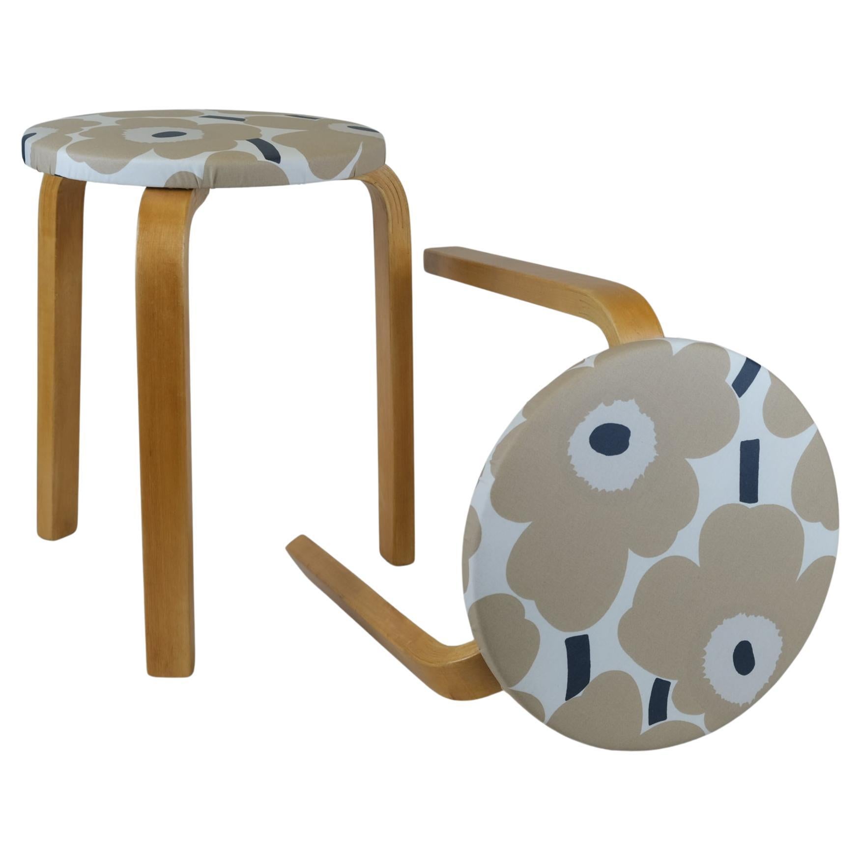 Pair of Alvar Aalto Stools Model no 60, Marimekko Unikko Textile, Artek 1940s
