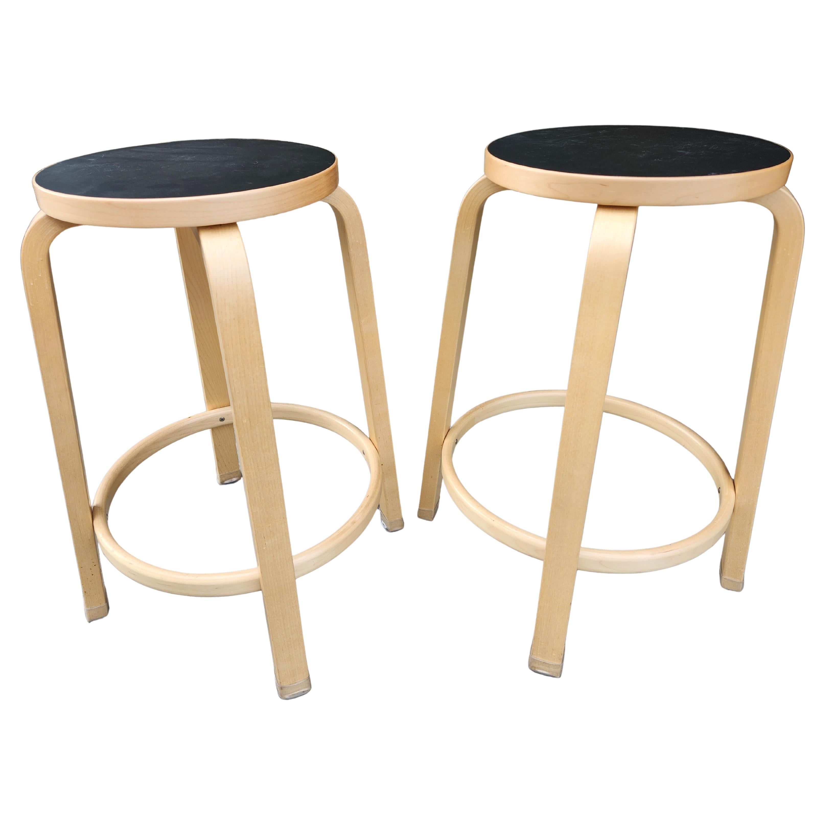 Mid-Century Modern Pair of Alvar Alto for Artek Counter Height Birch w Black Tops Bar Stools For Sale