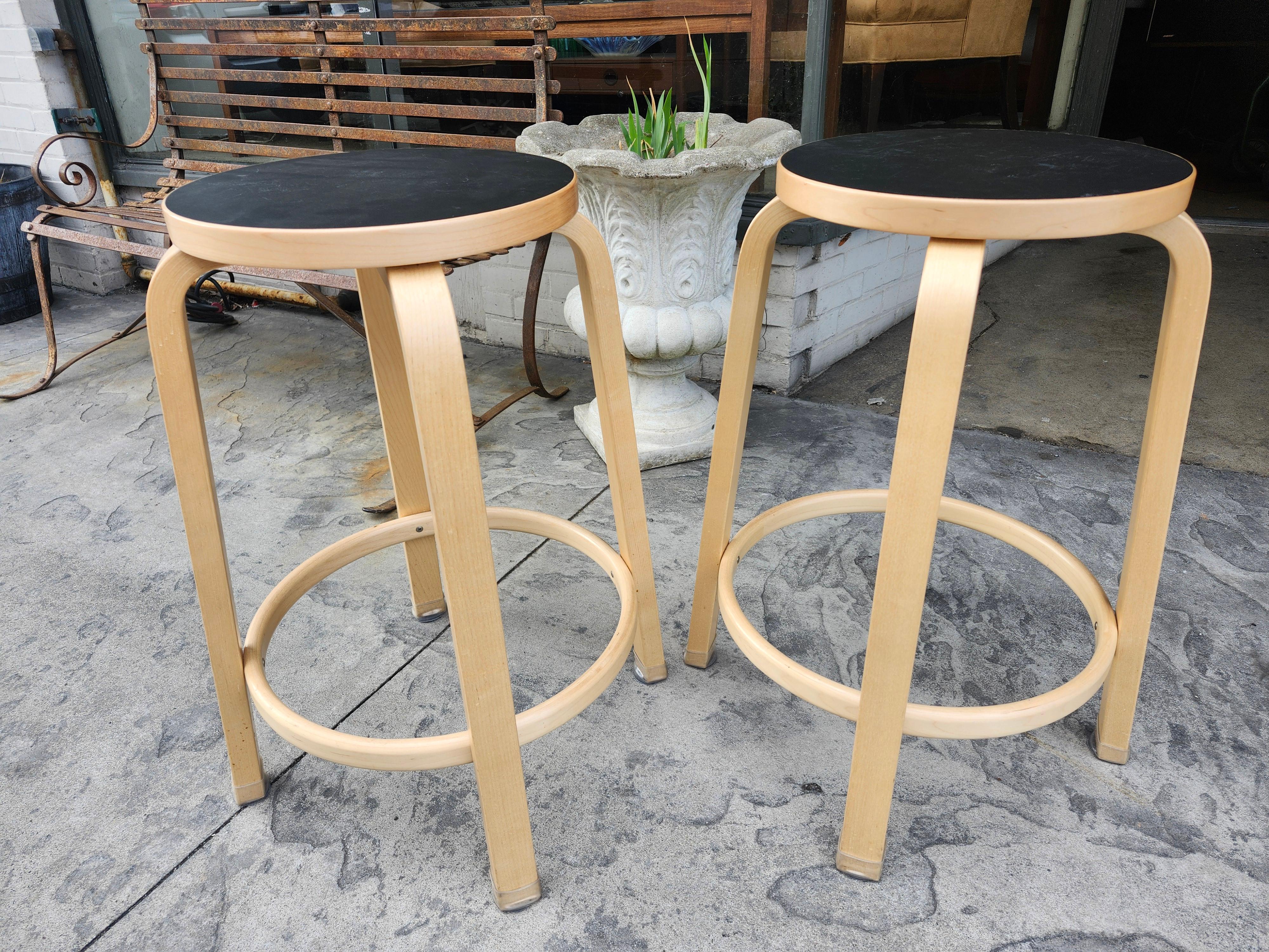 Finnish Pair of Alvar Alto for Artek Counter Height Birch w Black Tops Bar Stools For Sale