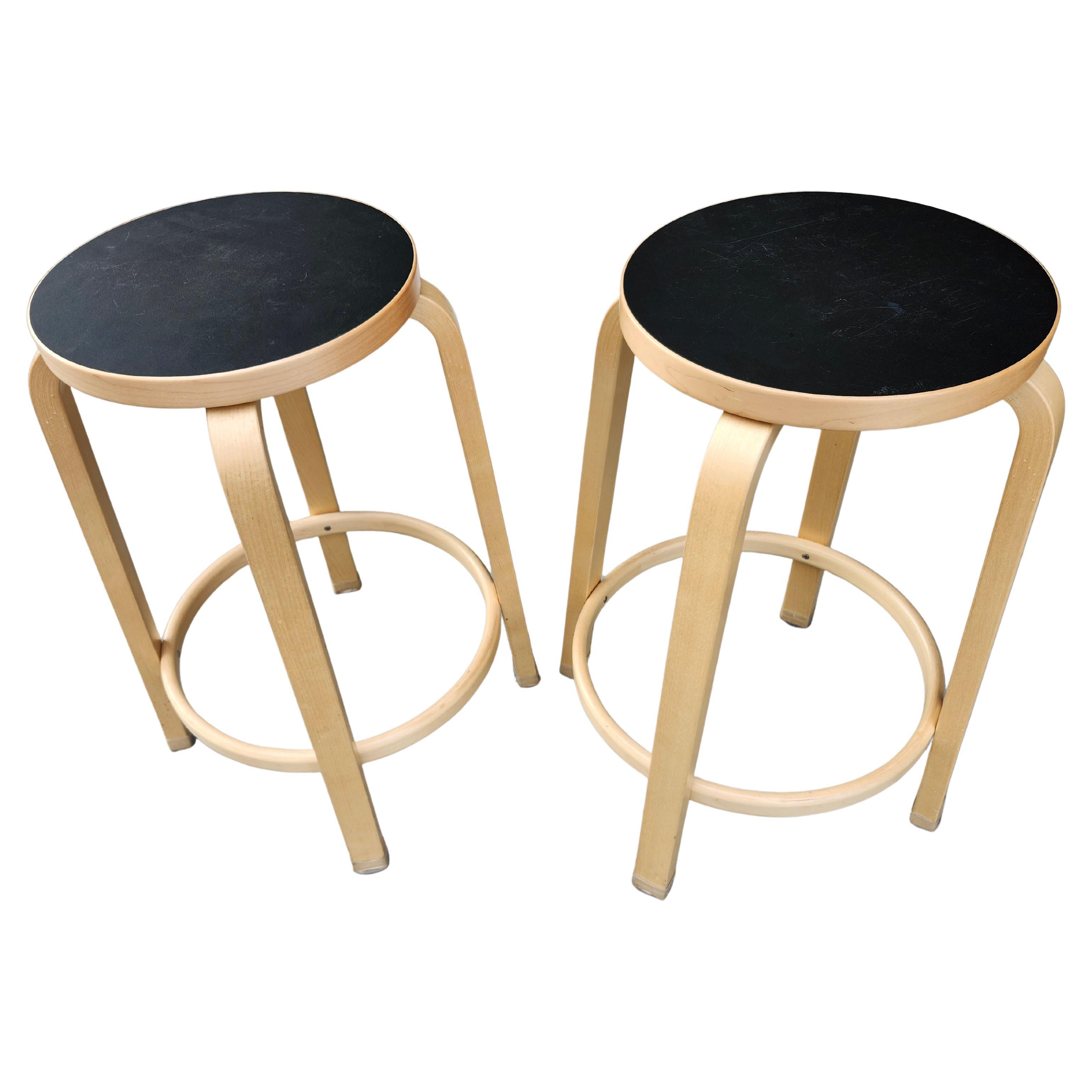 Pair of Alvar Alto for Artek Counter Height Birch w Black Tops Bar Stools For Sale