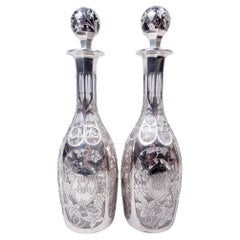 Pair of Alvin Art Nouveau Grapevine Silver Overlay Decanters