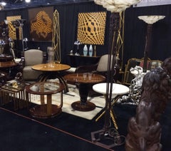 Pair of Amazing Art Deco, Tables in Golden Iron Sheet and Travertine, France