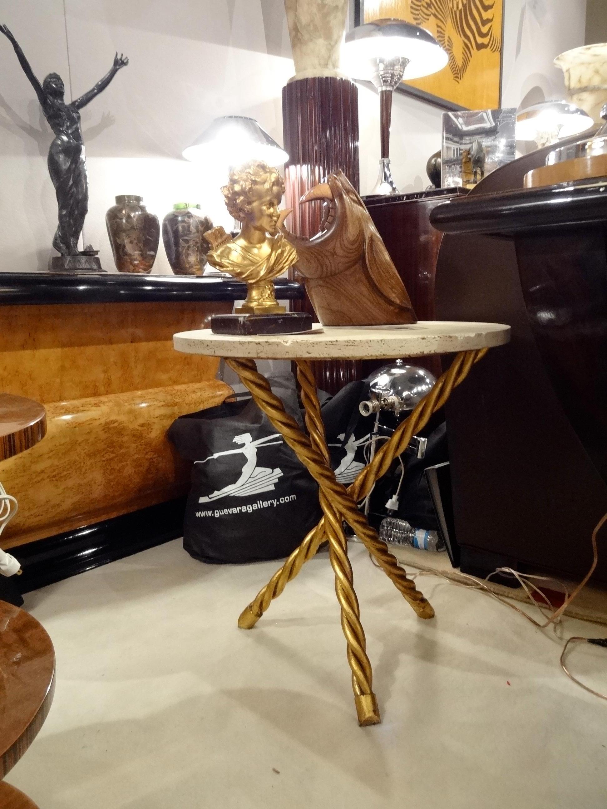 Pair of Amazing Art Deco, Tables in Golden Iron Sheet and Travertine, France For Sale 3