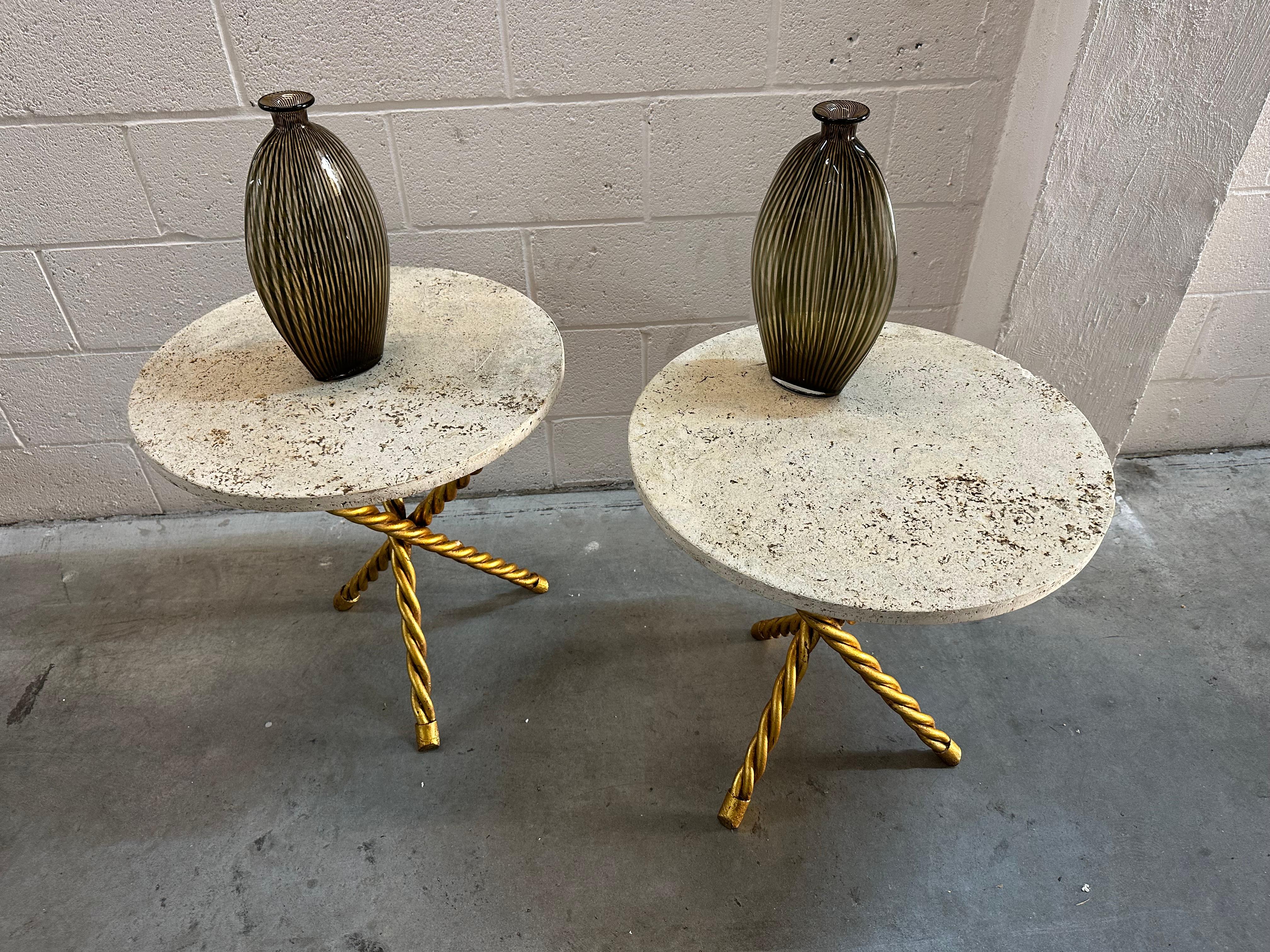 Pair of Amazing Art Deco, Tables in Golden Iron Sheet and Travertine, France For Sale 14
