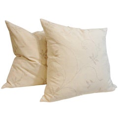 Pair of Amazing Cream Crewel Fabric Pillows with Linen Backing