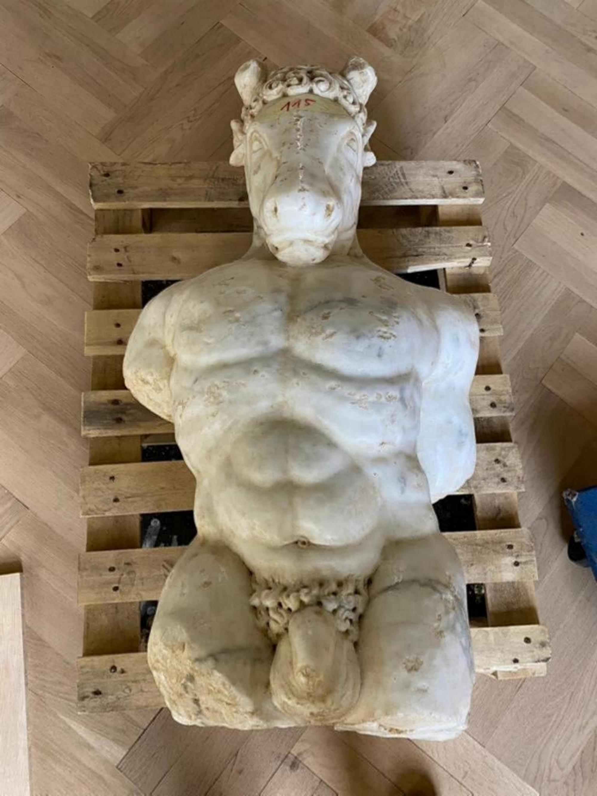Pair of amazing Italians Minotauro Sculptures

Minotaur, large marble figure, 
Italy, 17th century, 
figure with a human body and the head of a bull, baroque style, white slightly speckled Carrara marble, light brown rectangular base, 
Measures: