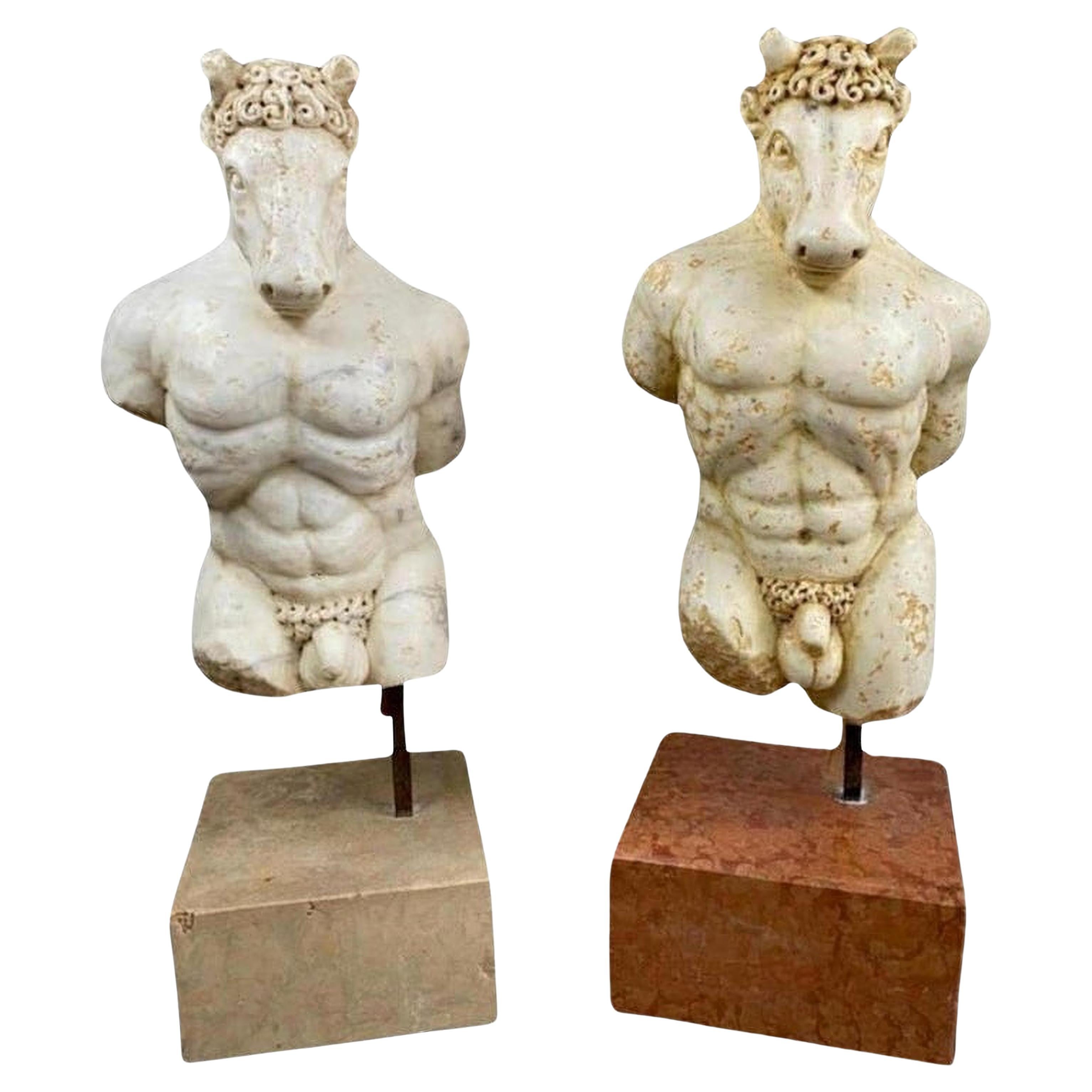 Pair of Amazing Italians Sculptures "Minotauro" 17th Century Carrara Marble For Sale