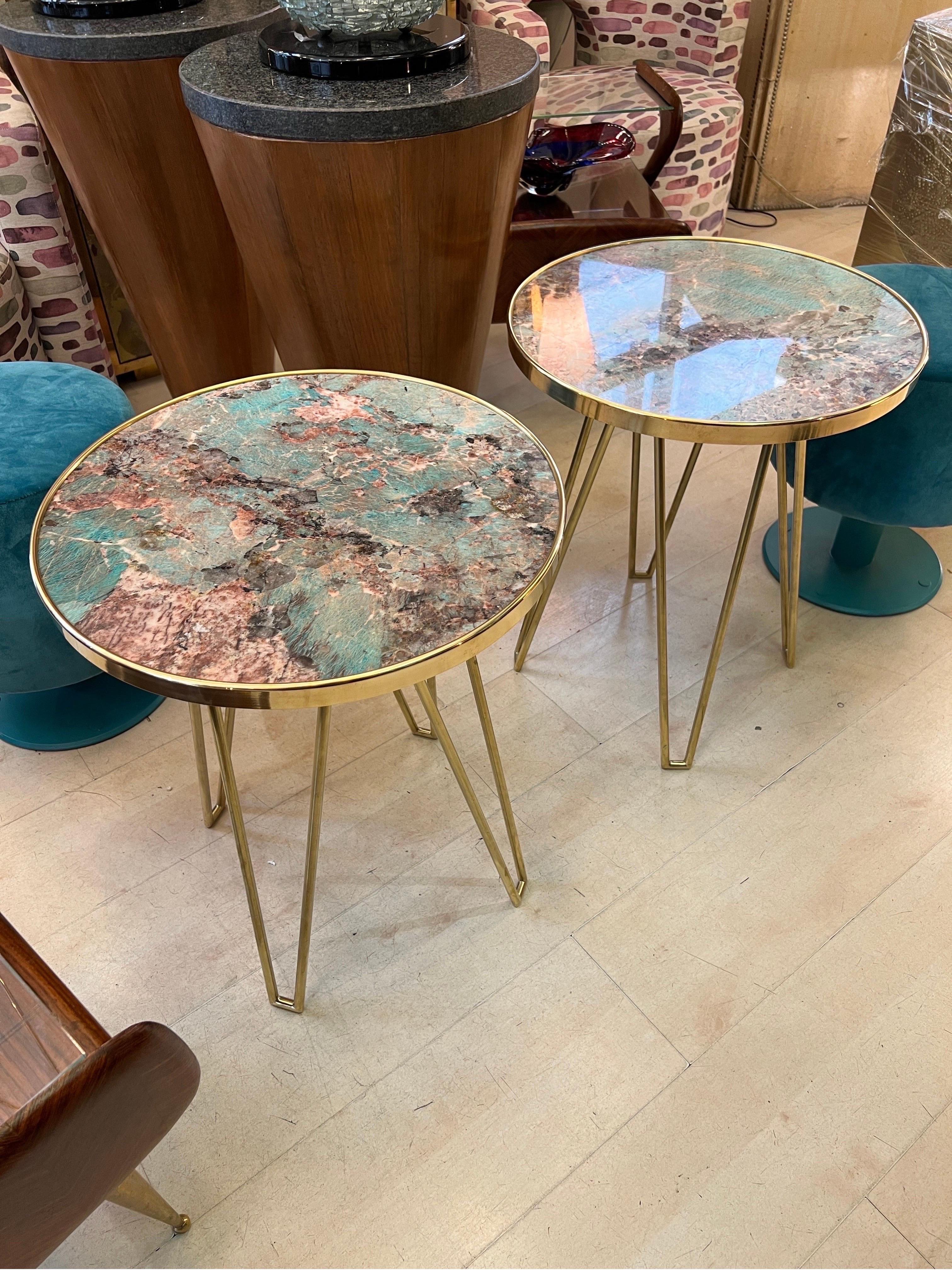 Pair of Amazzonite Marble Round  Side/End Tables with Brass Structure 1980 For Sale 5