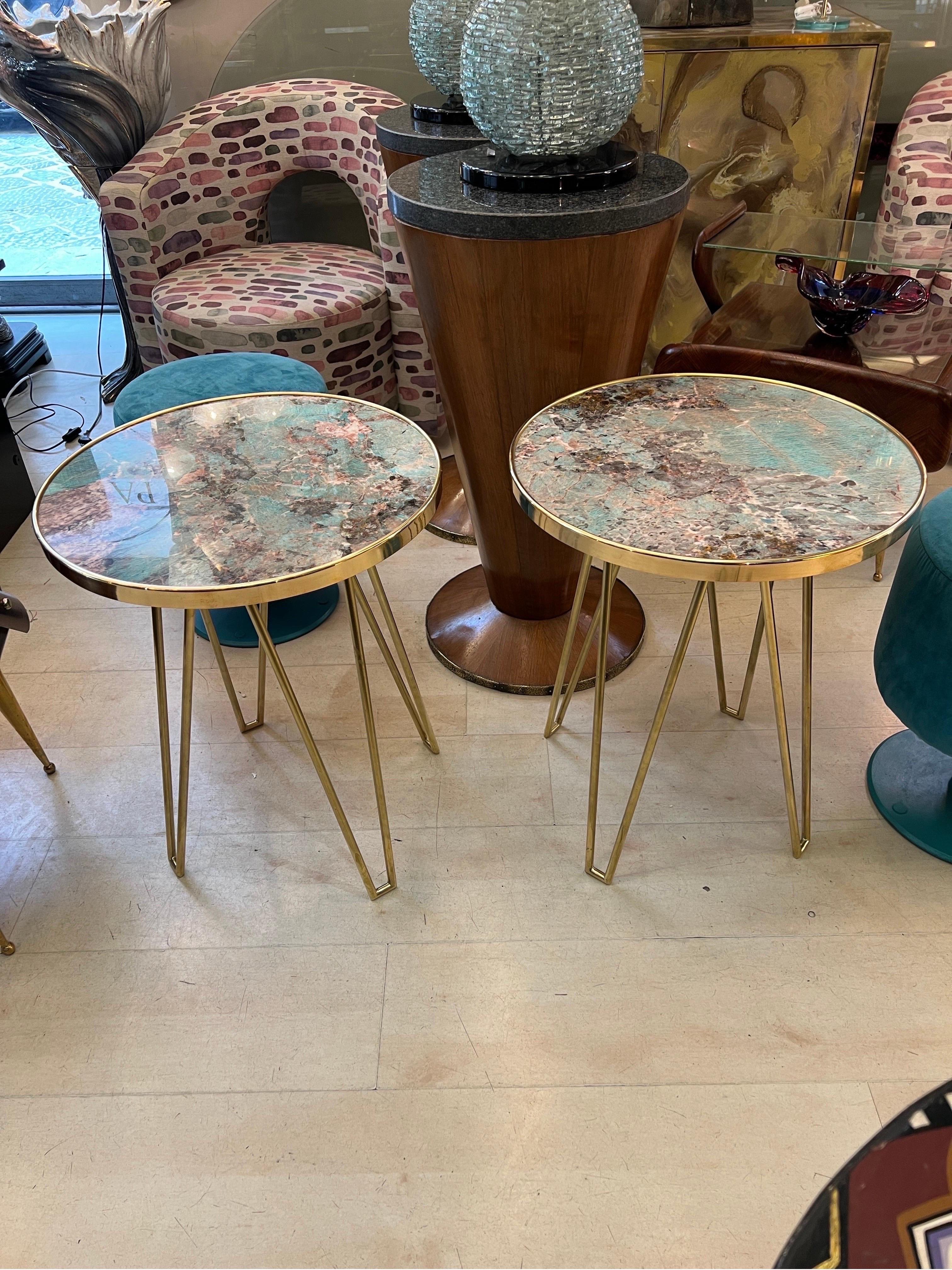 Pair of Amazzonite Marble Round  Side/End Tables with Brass Structure 1980 6