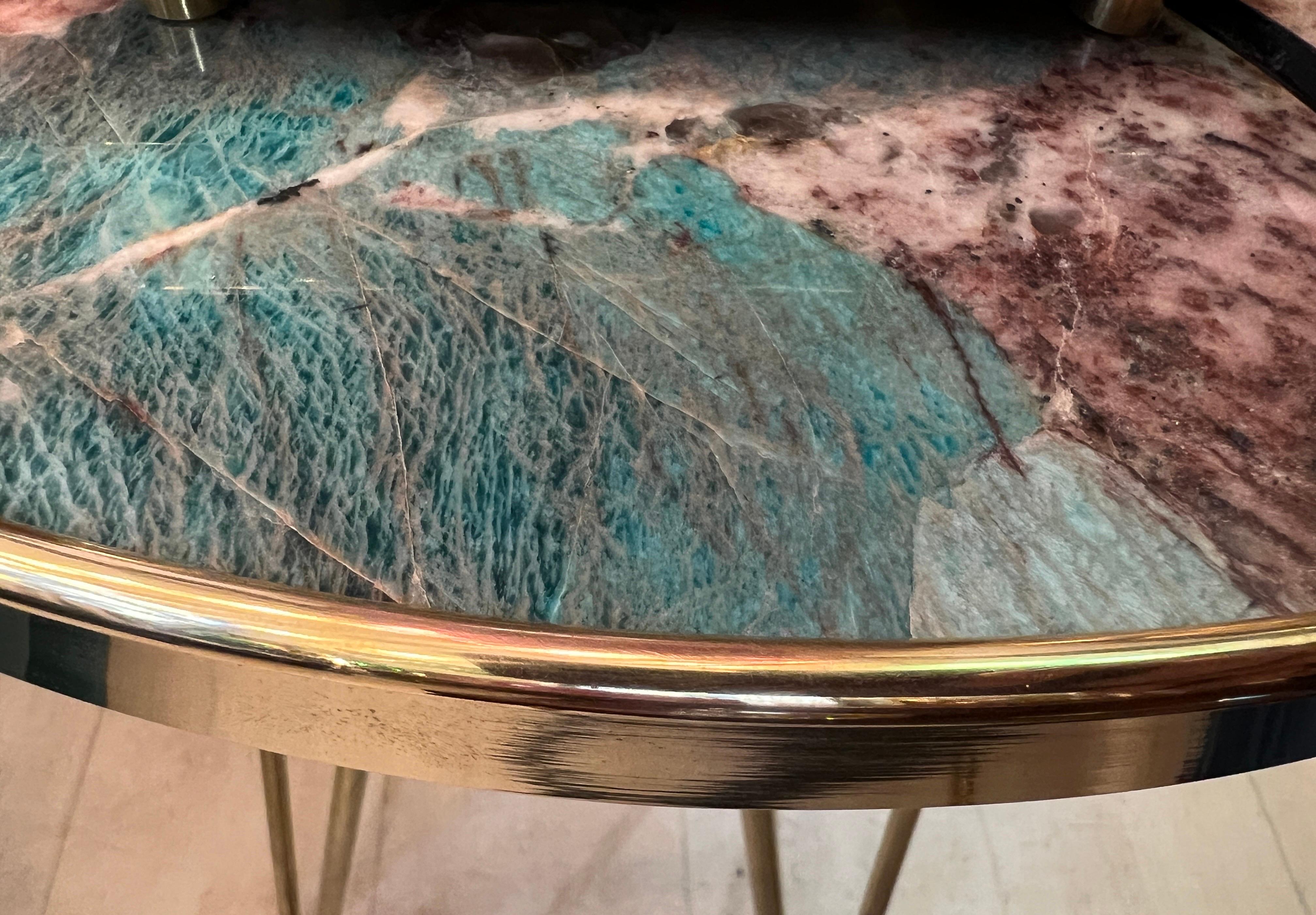 Paire de marbres ronds amazzonite  Tables d'appoint avec structure en laiton 1980 en vente 7
