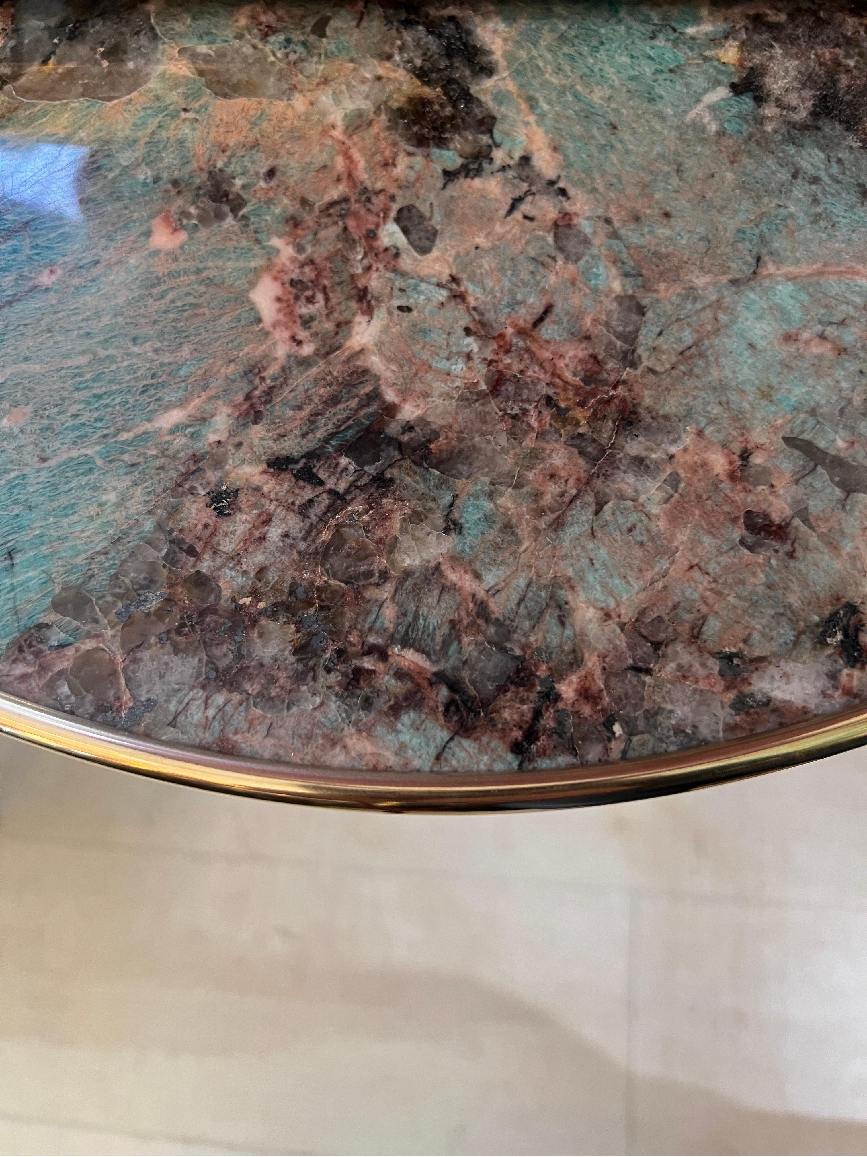Pair of Amazzonite Marble Round  Side/End Tables with Brass Structure 1980 For Sale 9