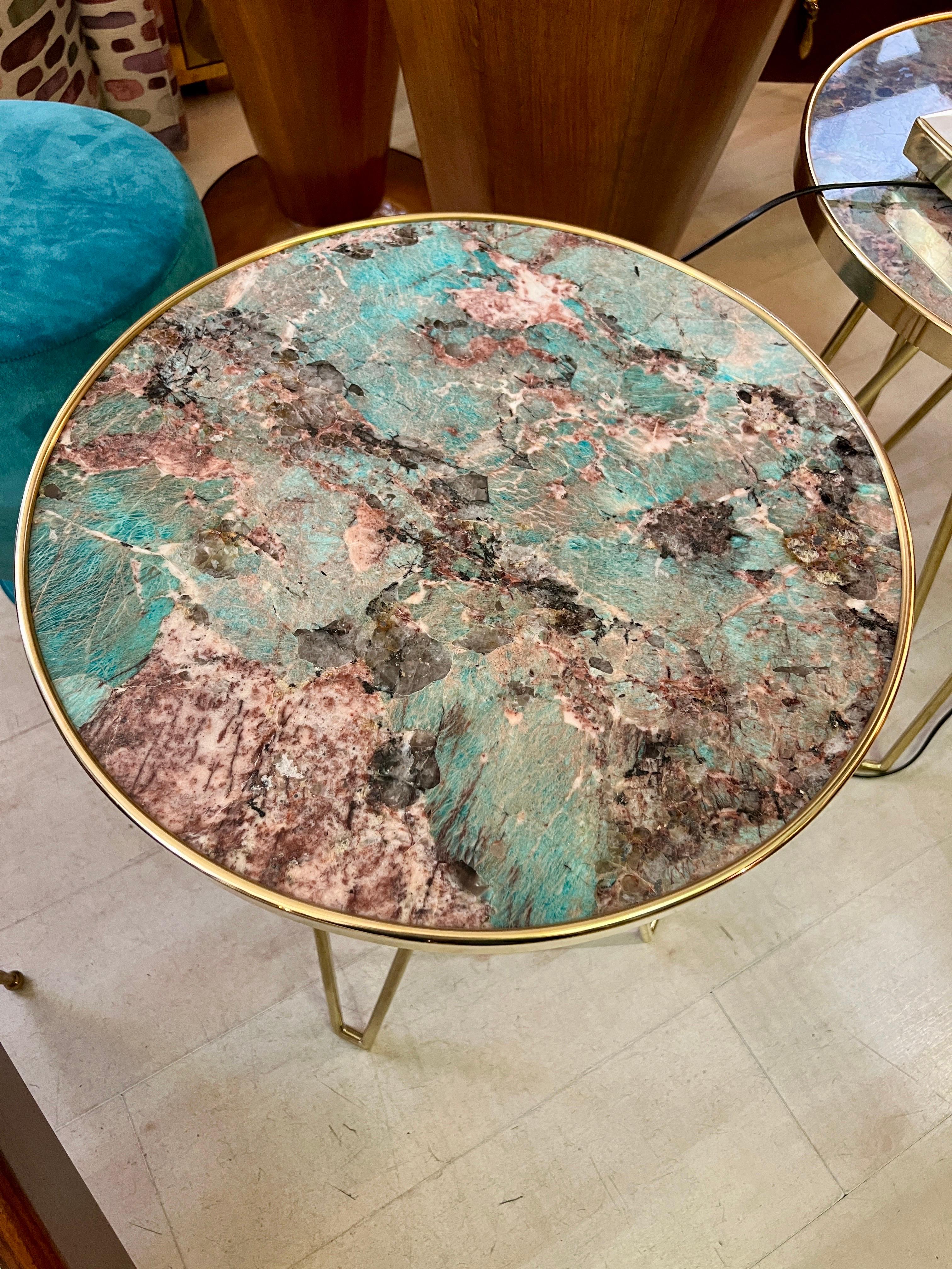 Pair of Amazzonite Marble Round  Side/End Tables with Brass Structure 1980 14