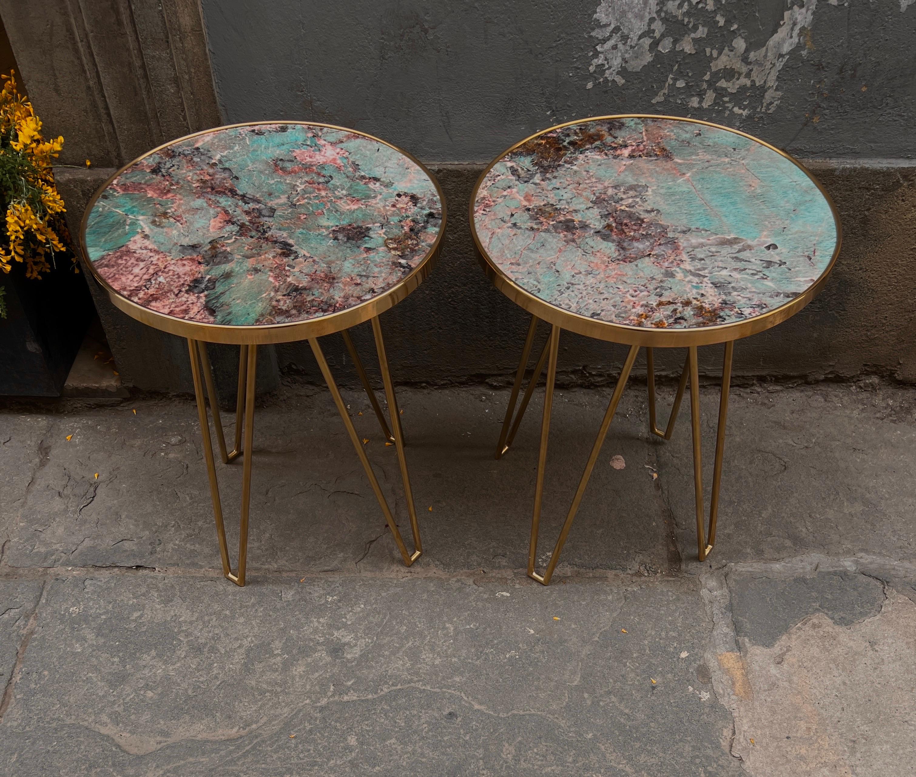 Modern Pair of Amazzonite Marble Round  Side/End Tables with Brass Structure 1980 For Sale