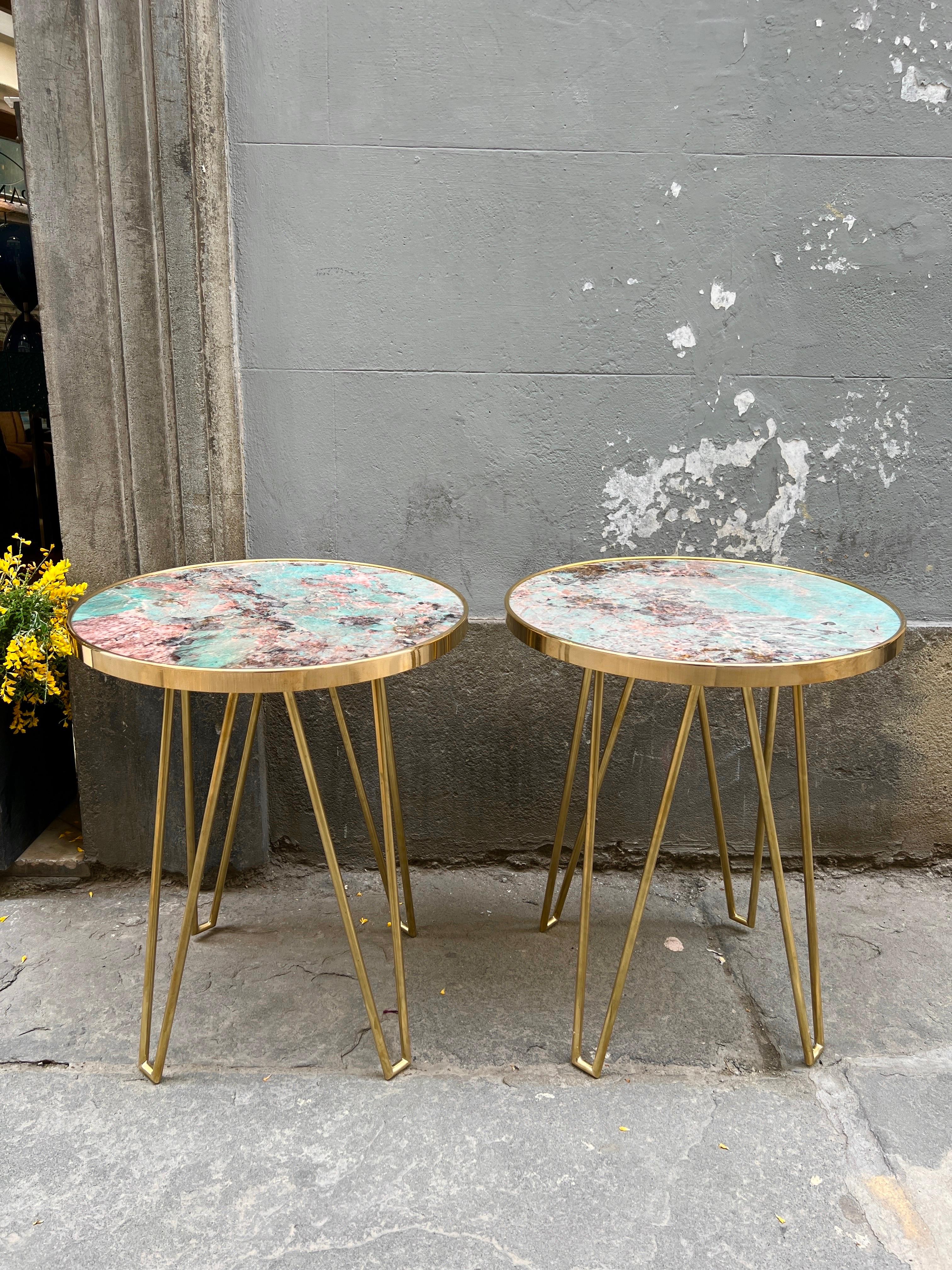 Pair of Amazzonite Marble Round  Side/End Tables with Brass Structure 1980 1