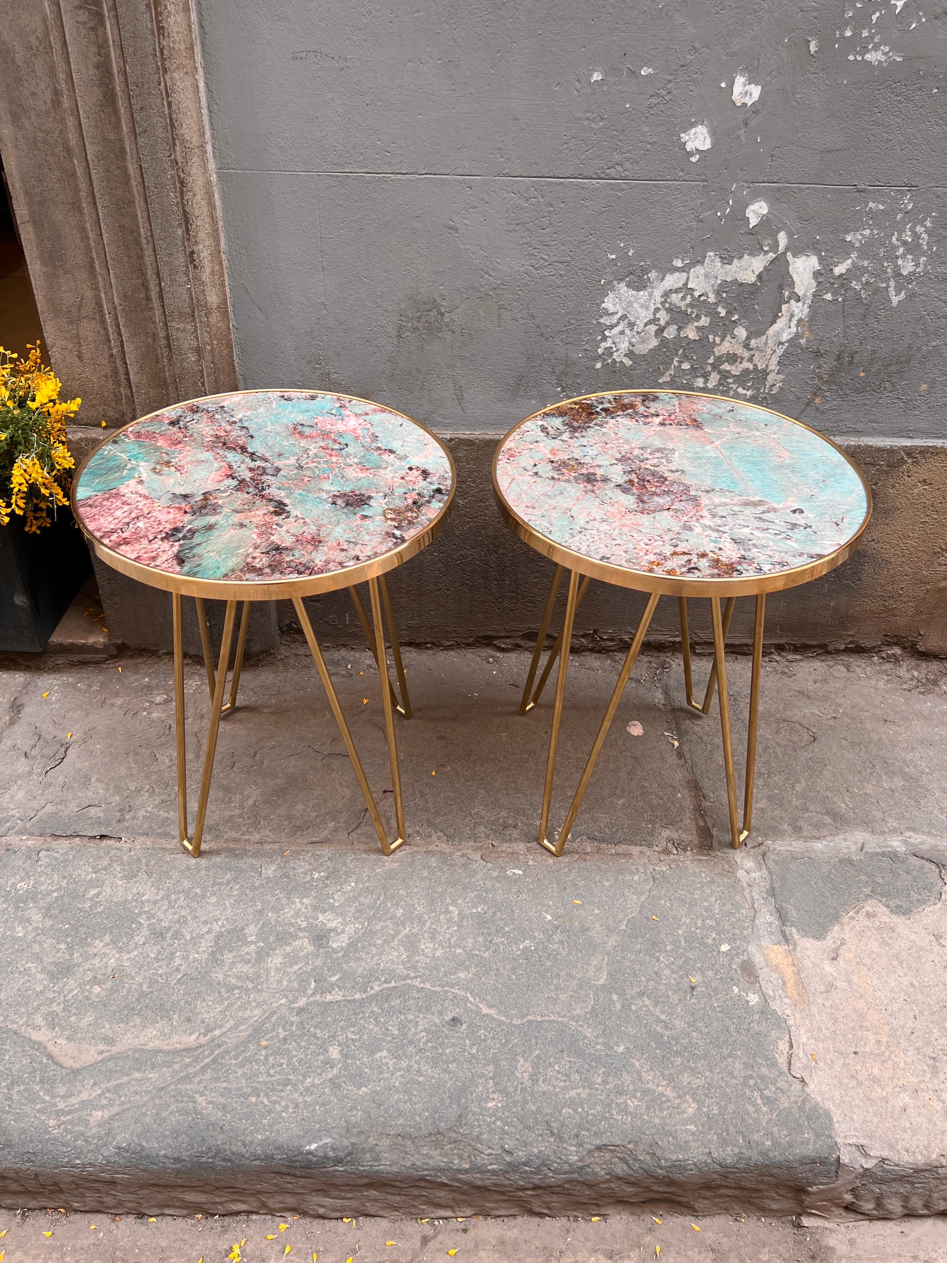 Pair of Amazzonite Marble Round  Side/End Tables with Brass Structure 1980 For Sale 2