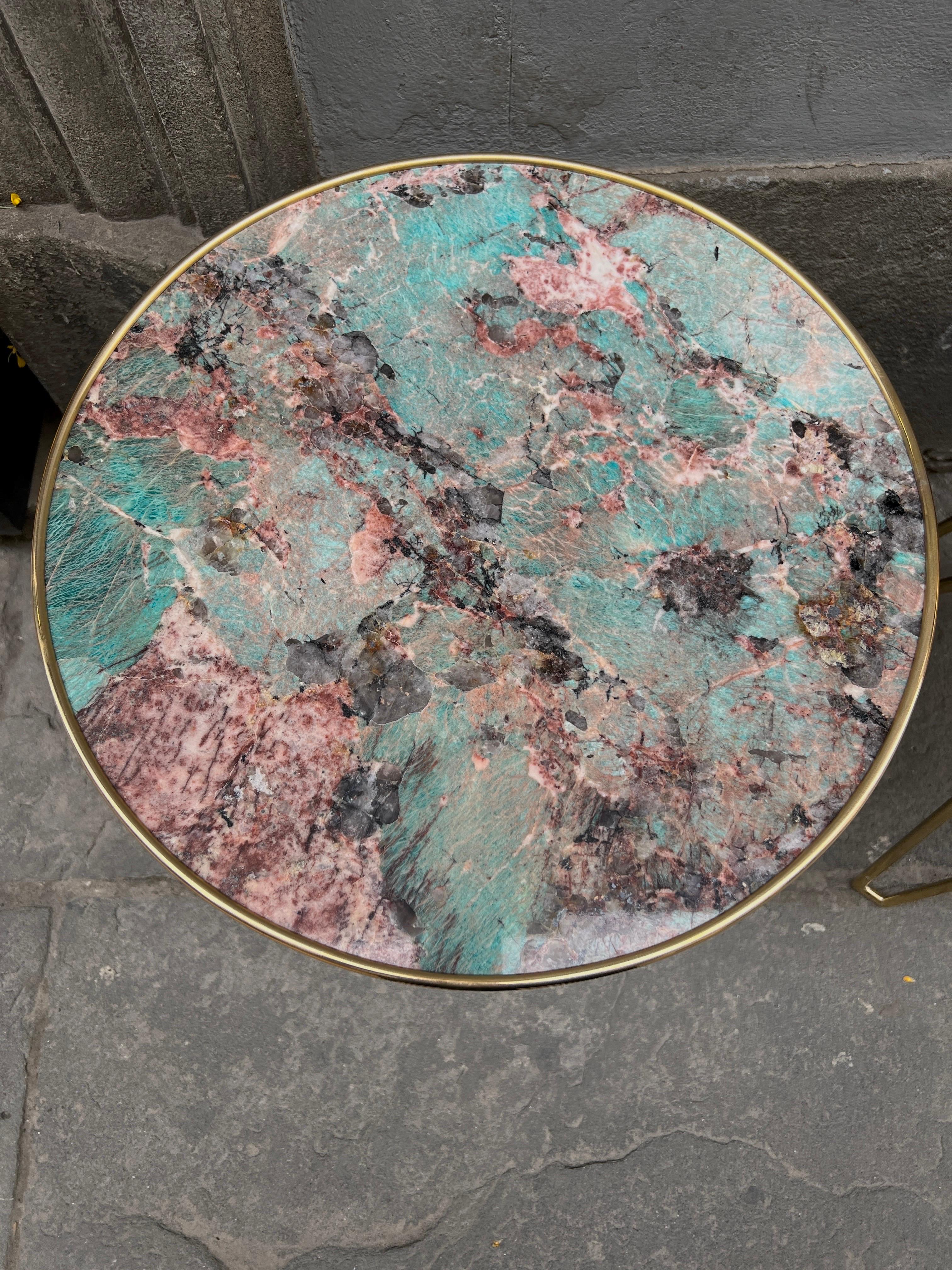 Pair of Amazzonite Marble Round  Side/End Tables with Brass Structure 1980 For Sale 3